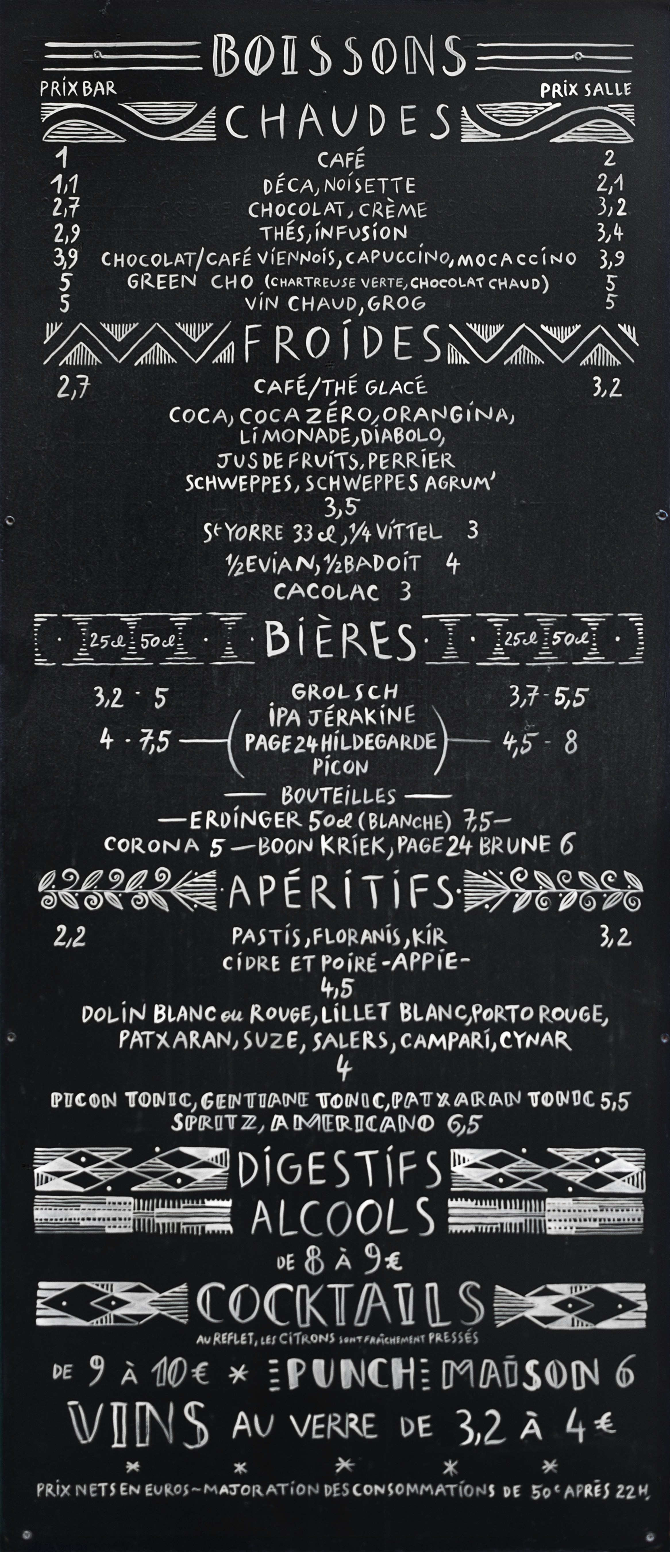 This is a chalkboard menu listing beverages and cocktails