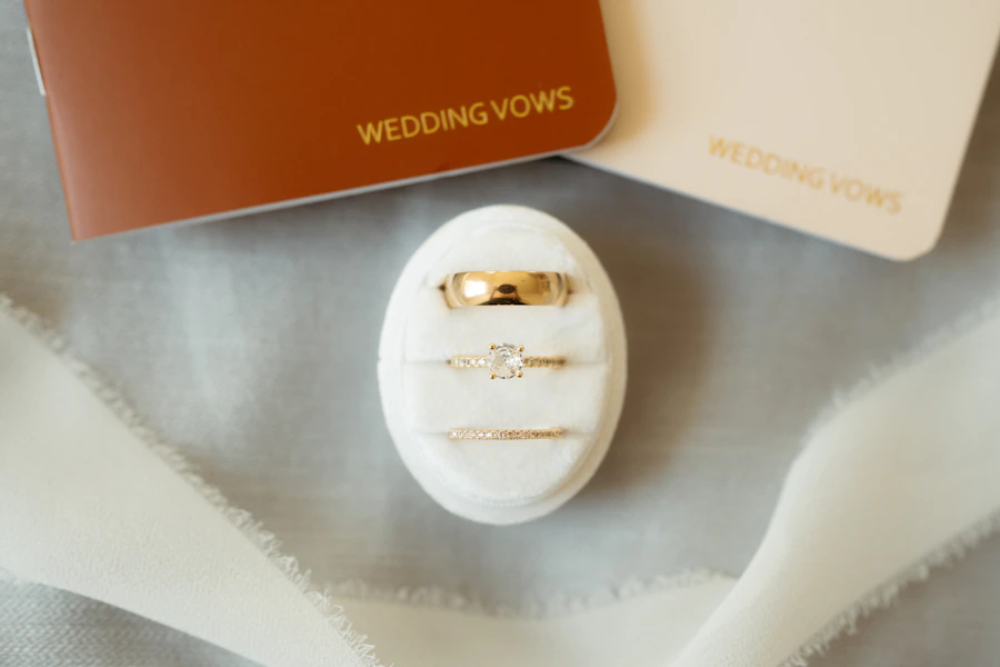 Wedding rings and vows arranged for wedding planning
