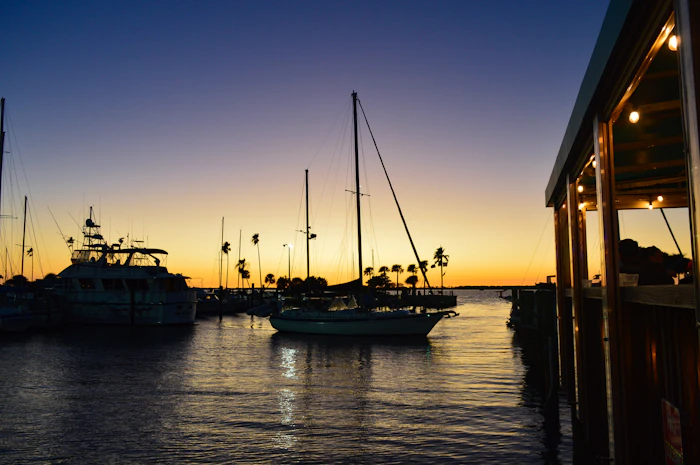 Boats docked at golden hour