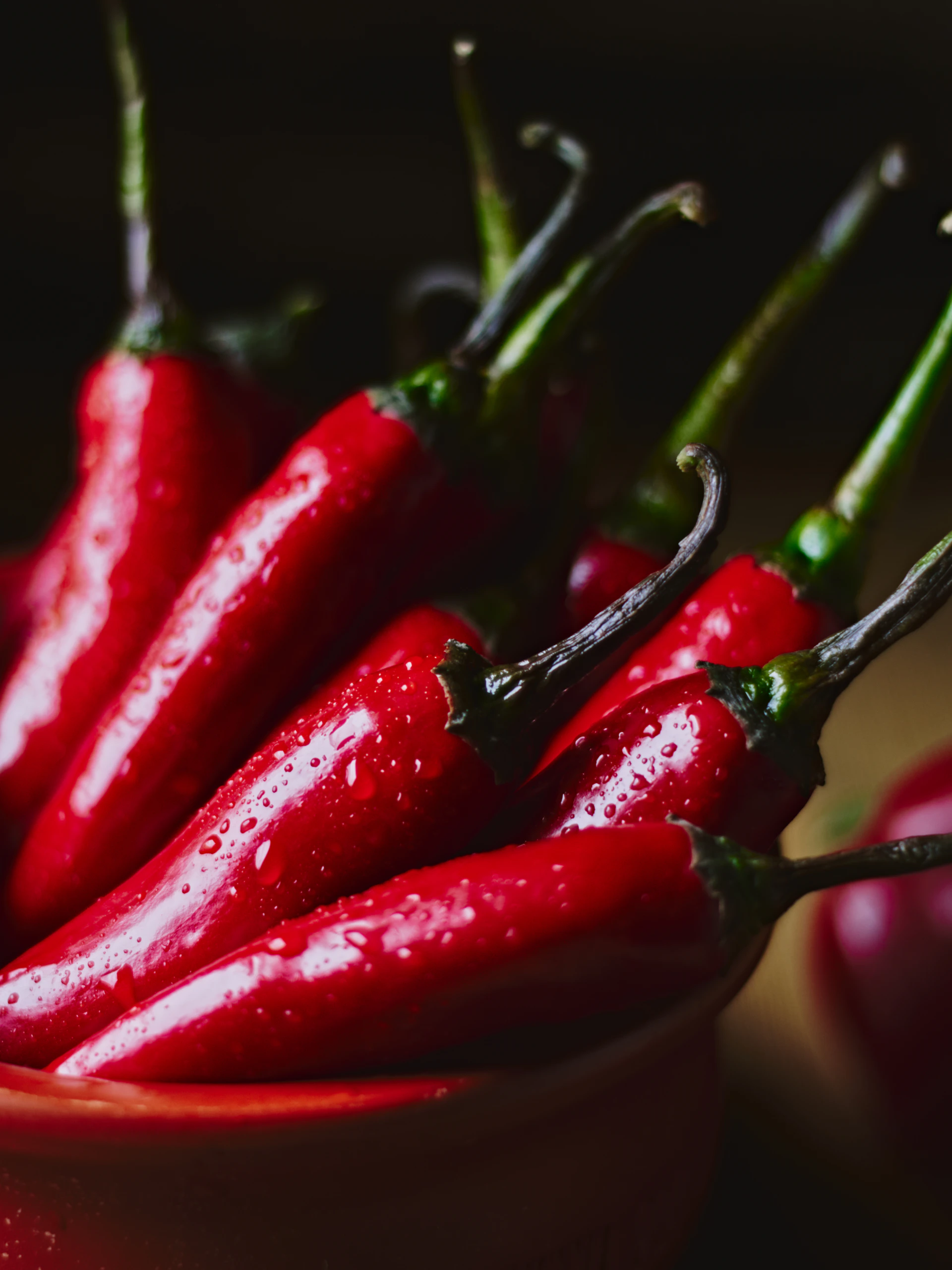 Bright red chili peppers sit in a bowl.