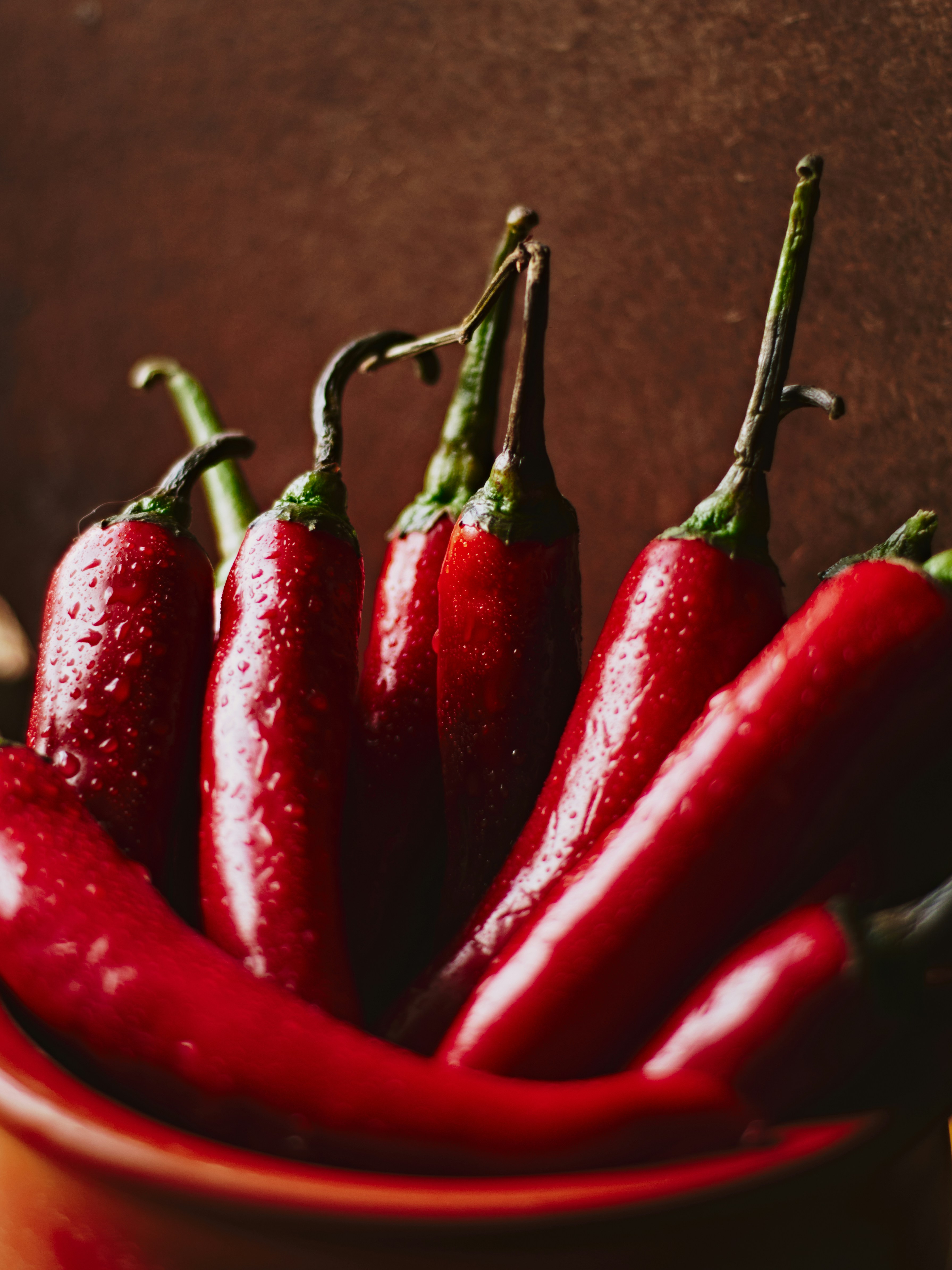 Red chili peppers in a bowl look delicious.