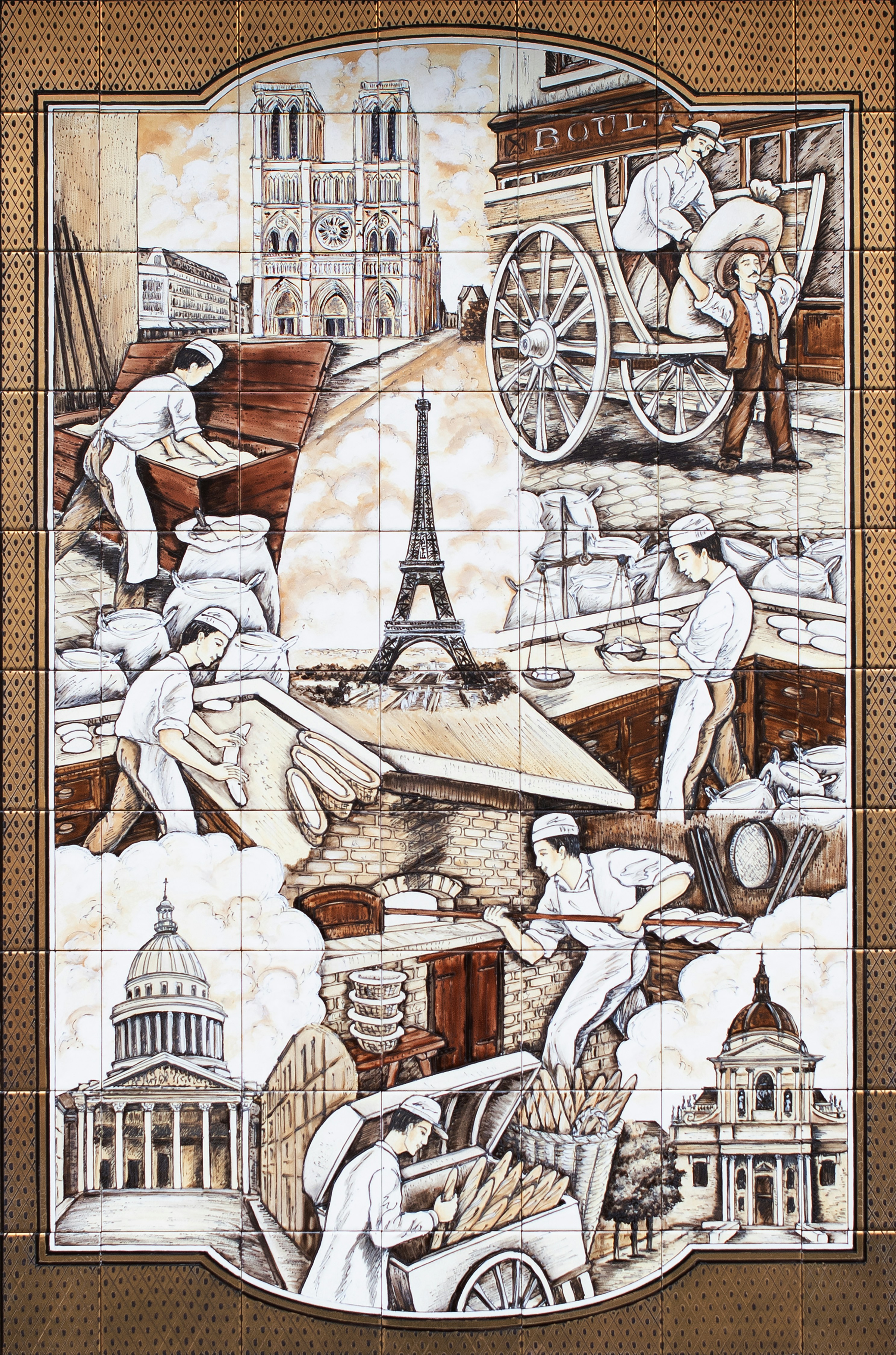 Scène de la boulangerie française avec des monuments emblématiques de Paris.