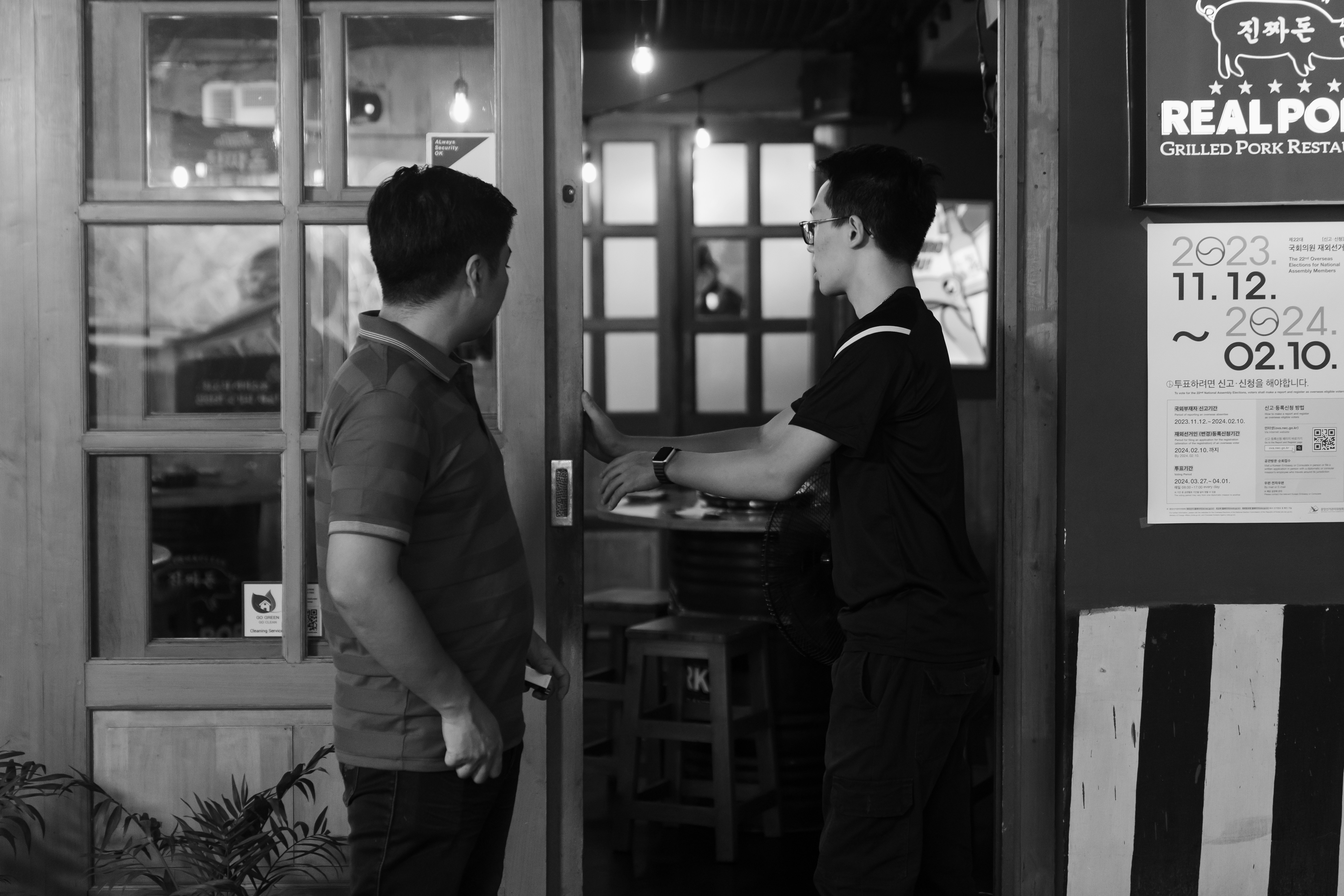 A split image. On one side, a smiling restaurant owner shaking hands with a delivery person. On the other side, a household kitchen with a somewhat concerned family member looking at their domestic LPG cylinder.
