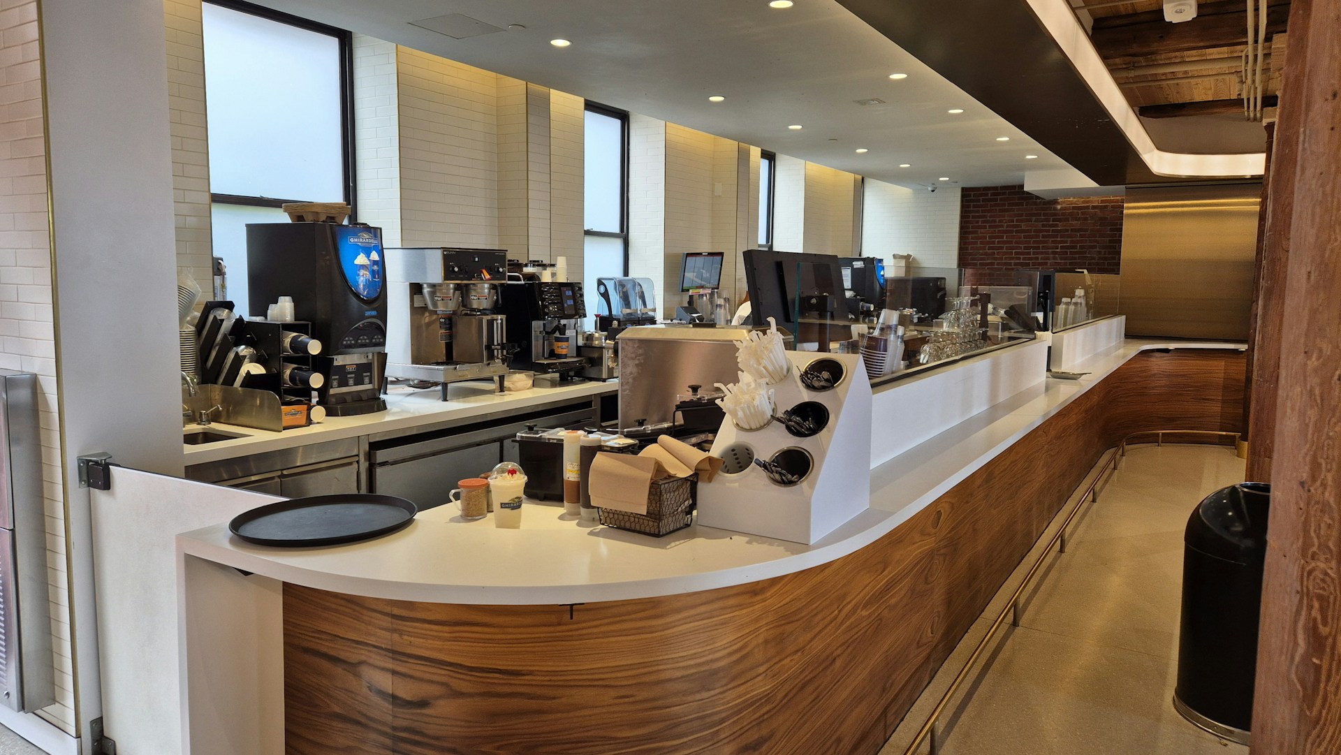 A coffee shop interior with a modern design.