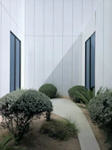 A pathway leads through a modern, enclosed garden.