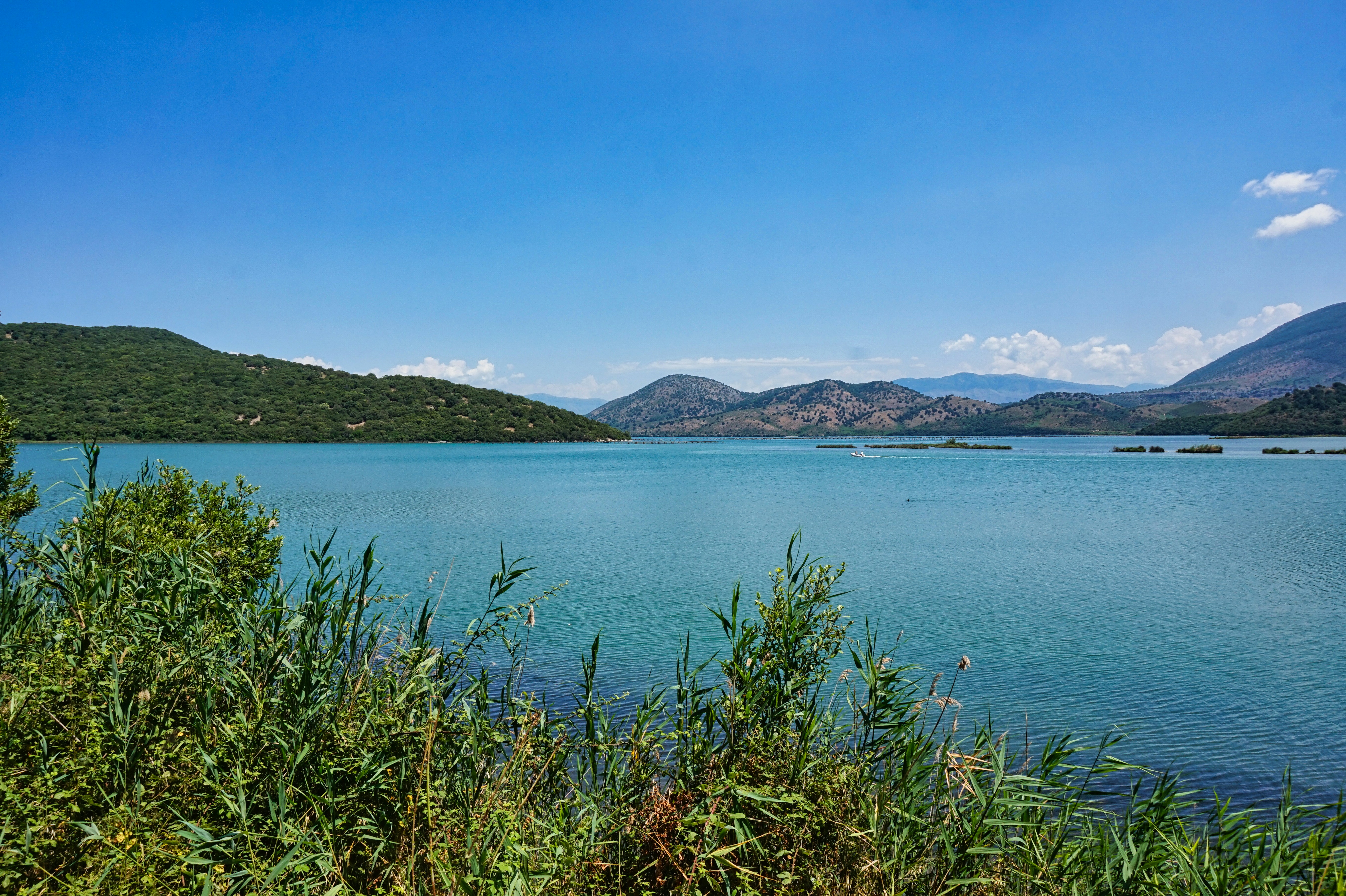 Beautiful lake and mountains under a blue sky.