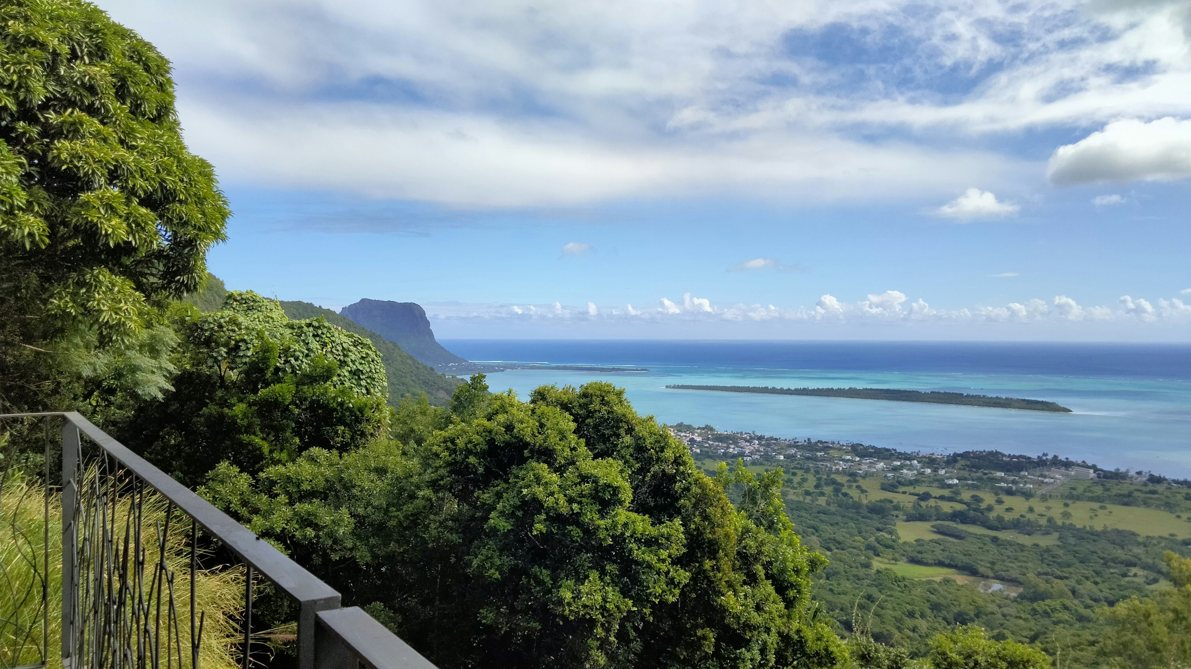 Vista mozzafiato sulla costa di Mauritius, con il contrasto tra la vegetazione verde brillante e le acque turchesi dell’oceano. Un luogo perfetto per ammirare la bellezza naturale dell'isola.