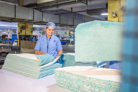 Woman works in a manufacturing factory with foam.