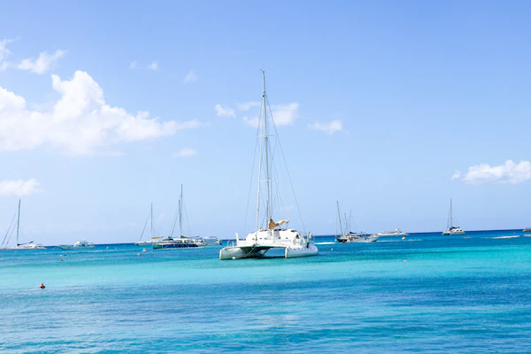 Sailboat lying to anchor in turquoise tropical water