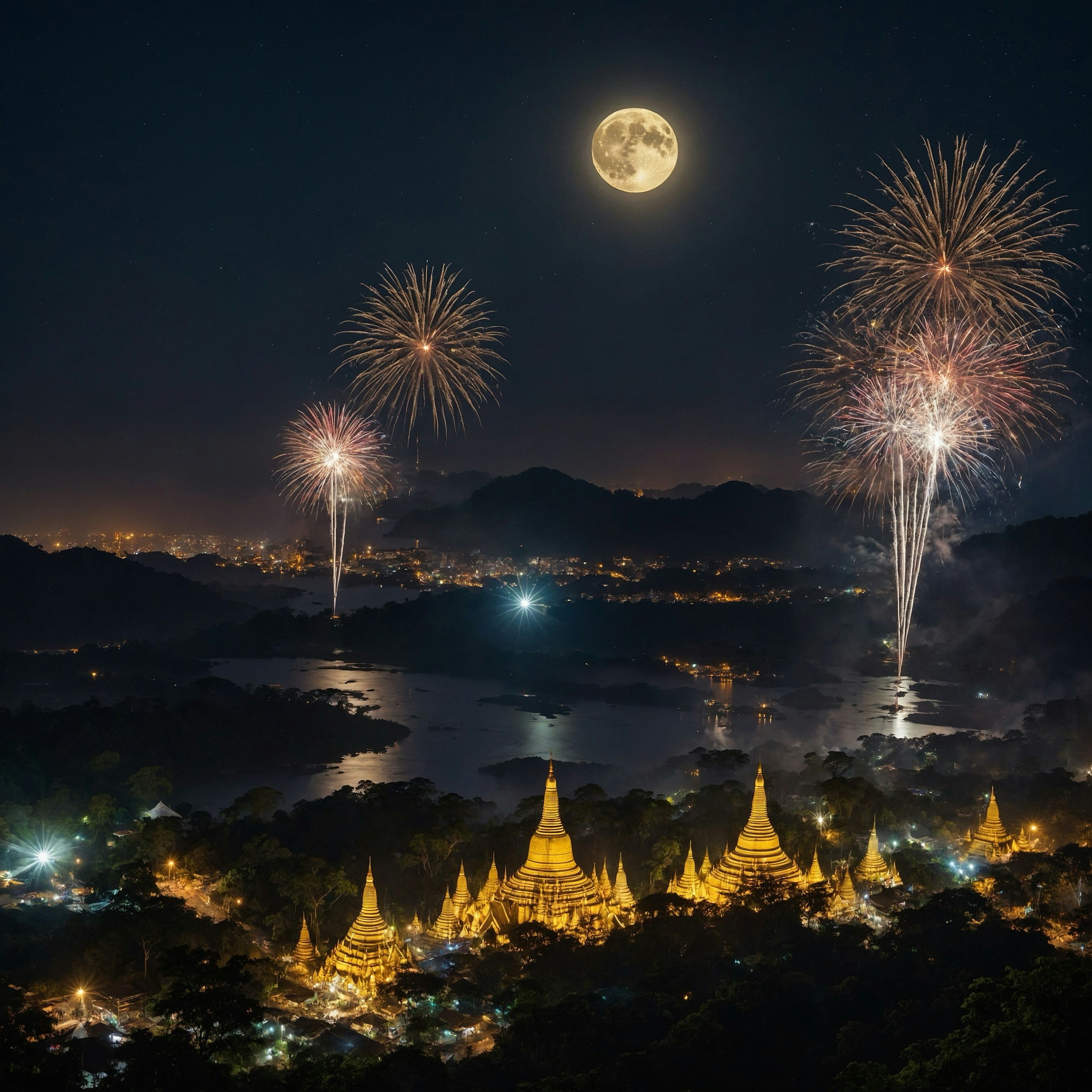 Fireworks illuminate a city beneath a full moon. photo – Free Moon ...