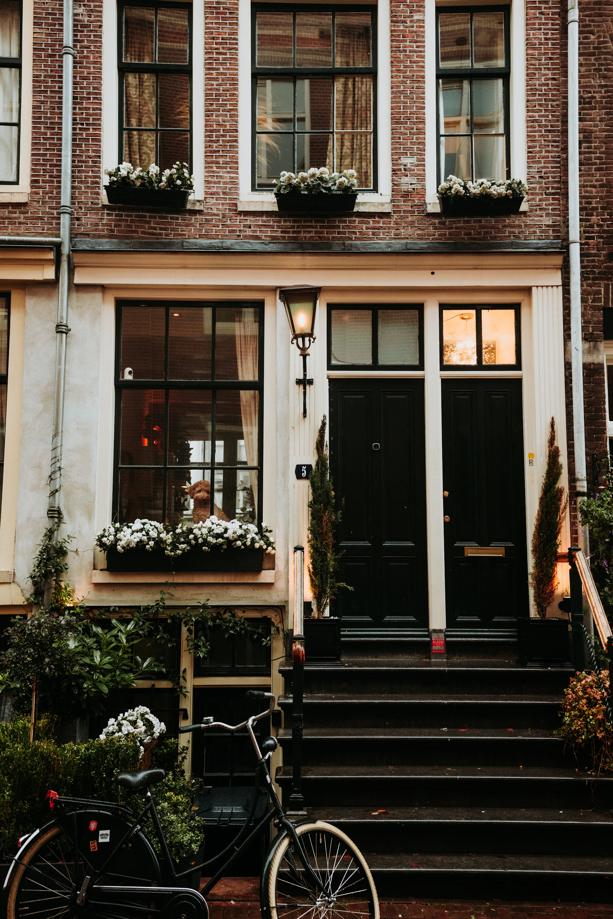 An elegant brownstone home with a bicycle chained beside the front steps.