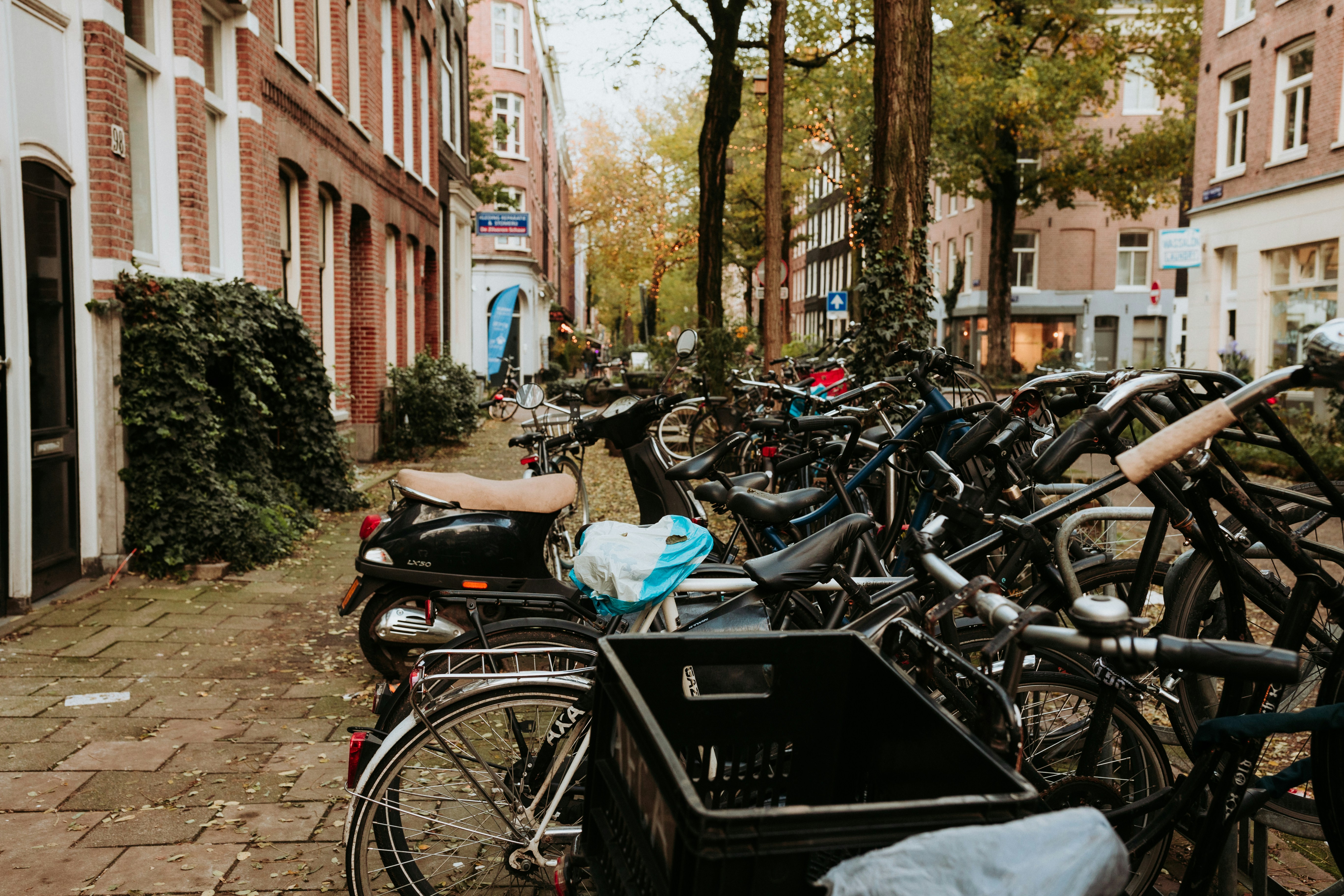 Bicycles are parked along a european street.