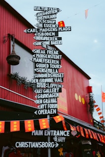 A signpost on a red building points to various places.