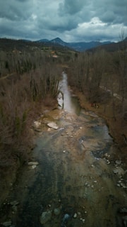 A river flows through a forested valley.