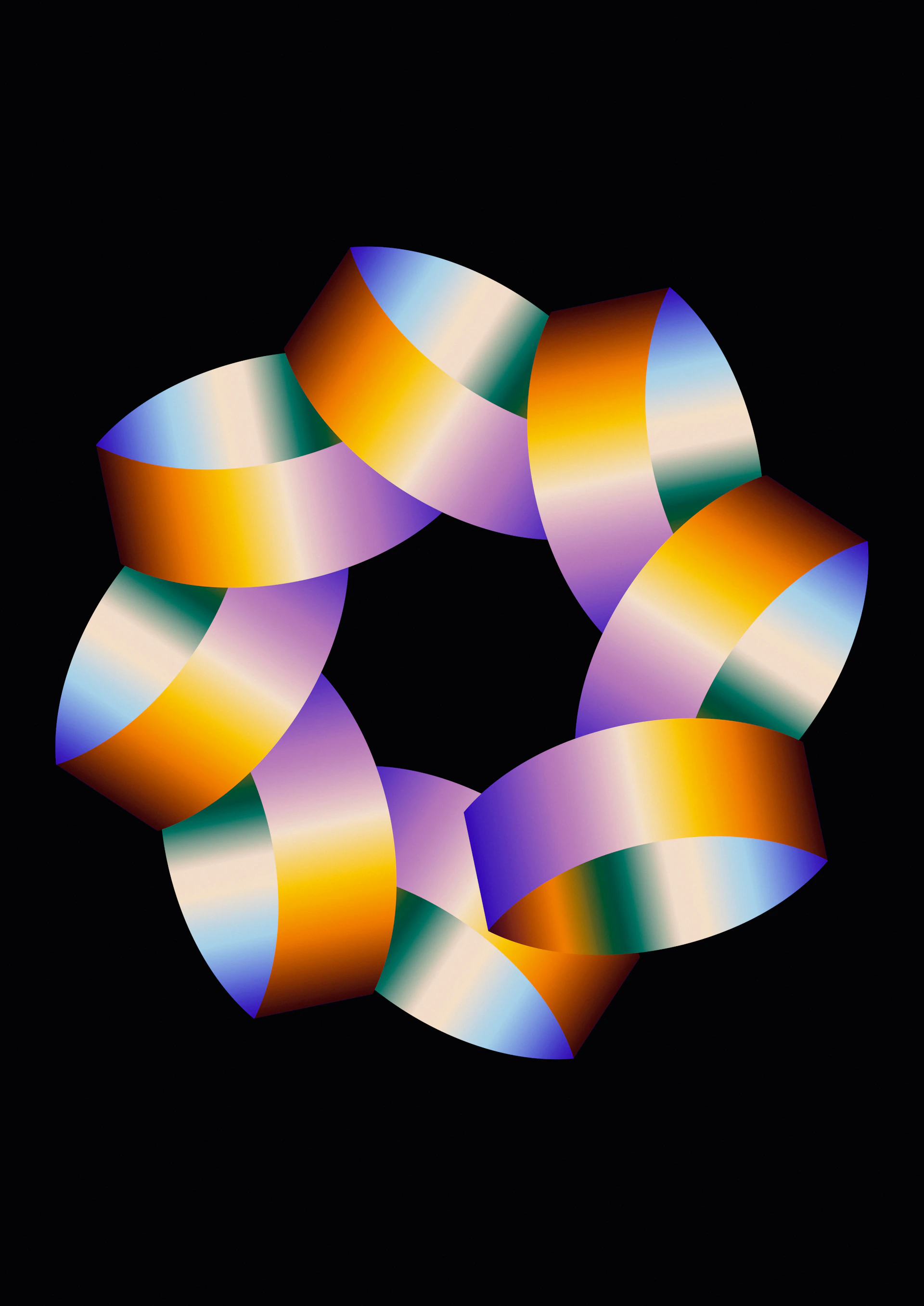 Colorful ribbons form a circular design on black.