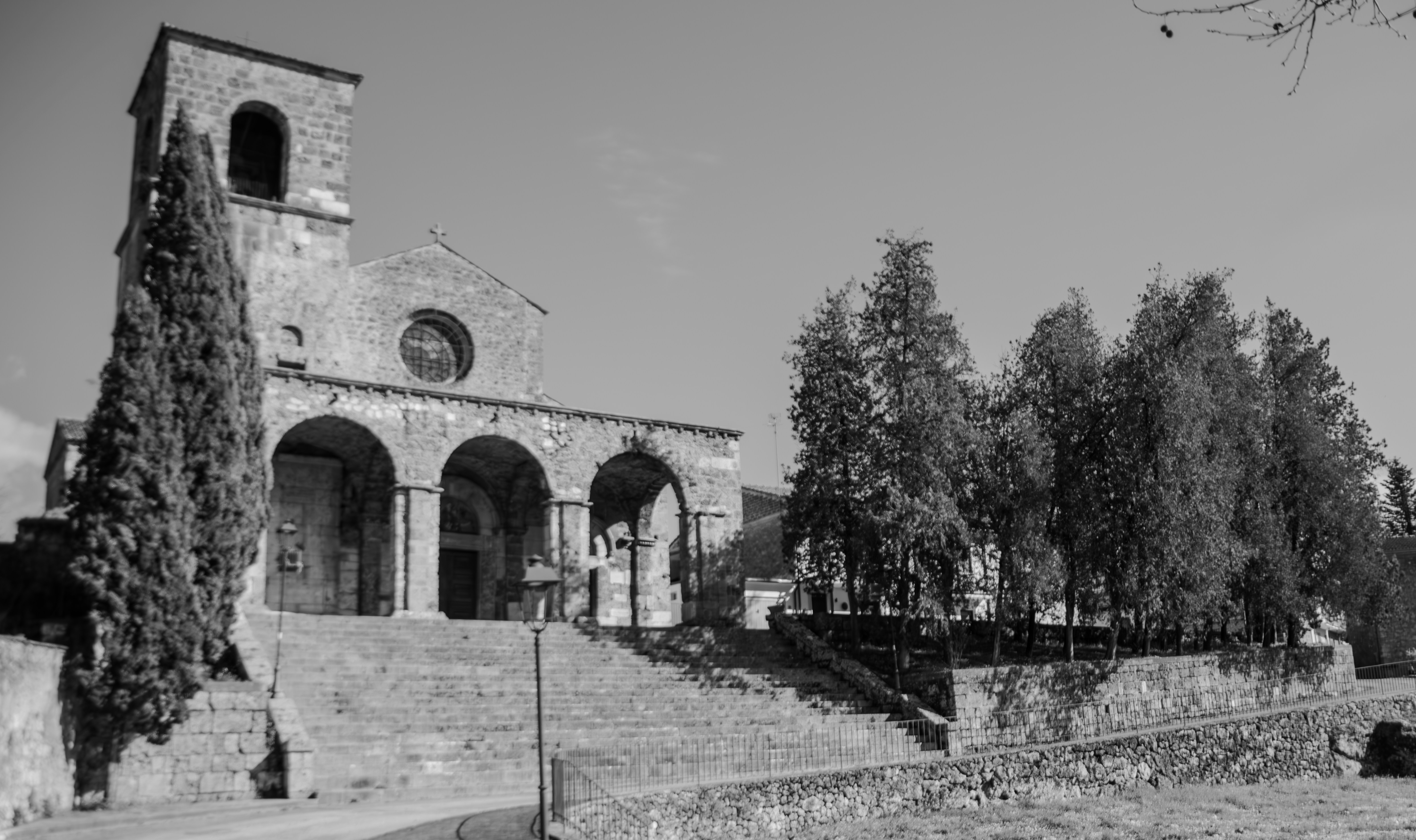Old church in black and white photo.