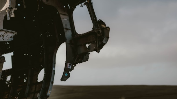 Plane wreckage against a gray sky.