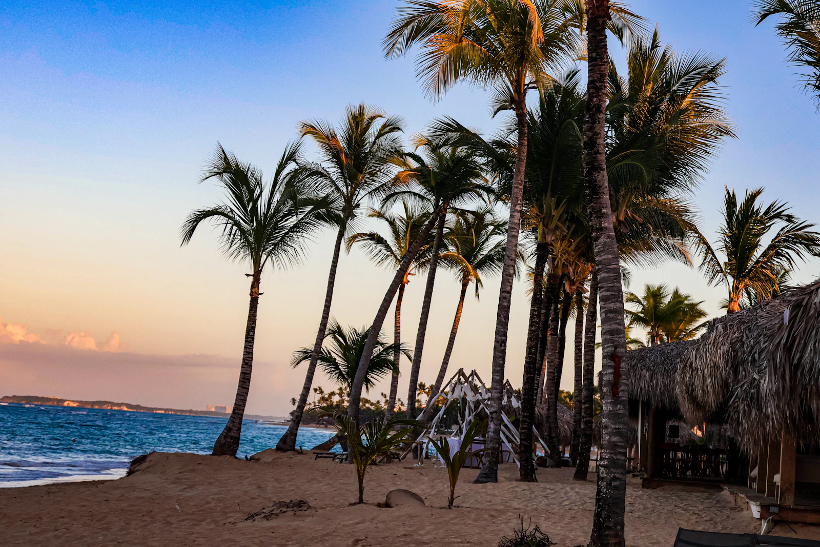 Palm trees and a thatched beach hut in golden evening light on a Punta Cana beach
