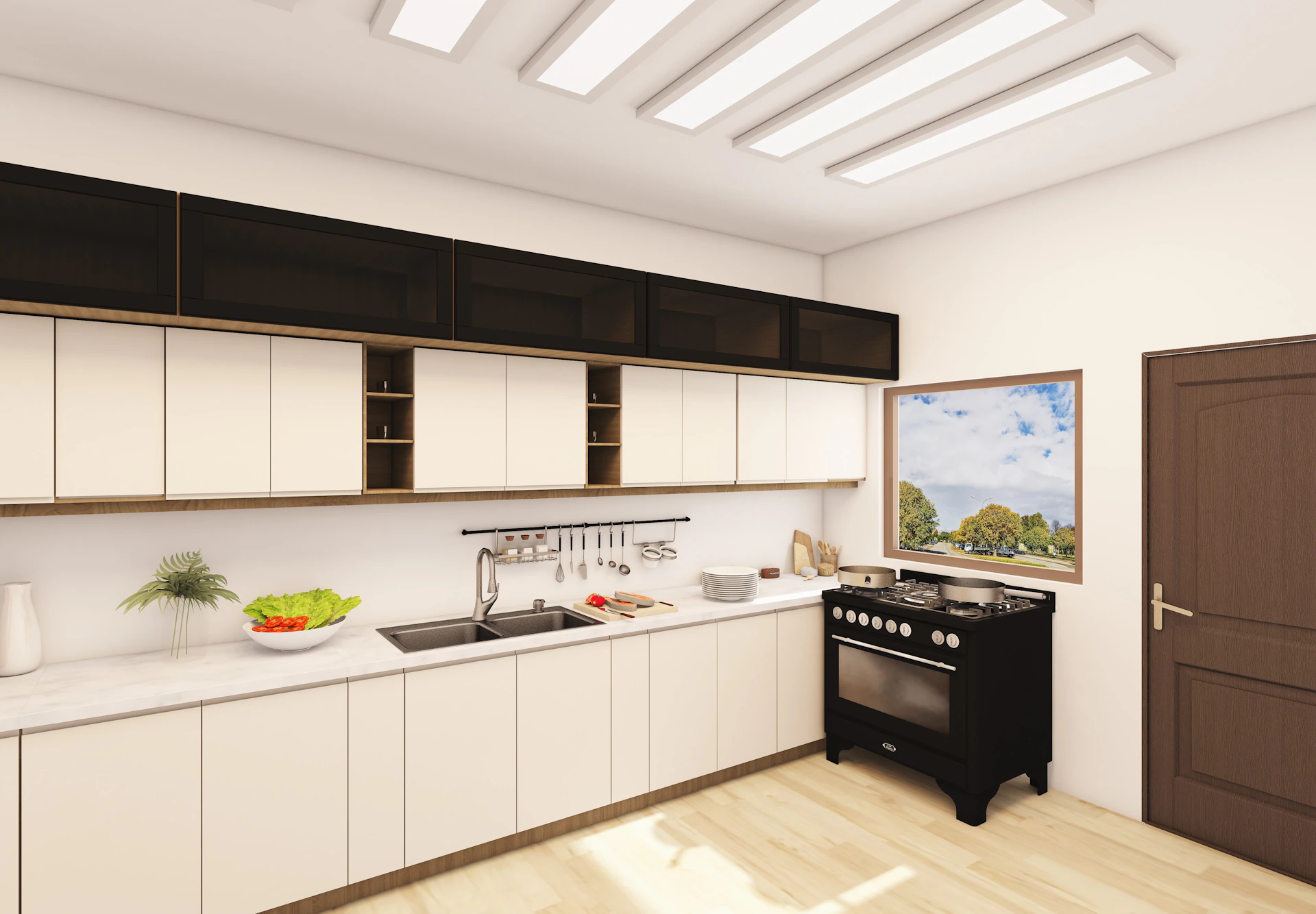 Modern kitchen with white cabinetry and black stove