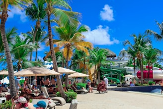 People are relaxing on a beautiful tropical beach.