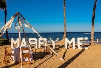 A romantic beach proposal with a "marry me" sign.