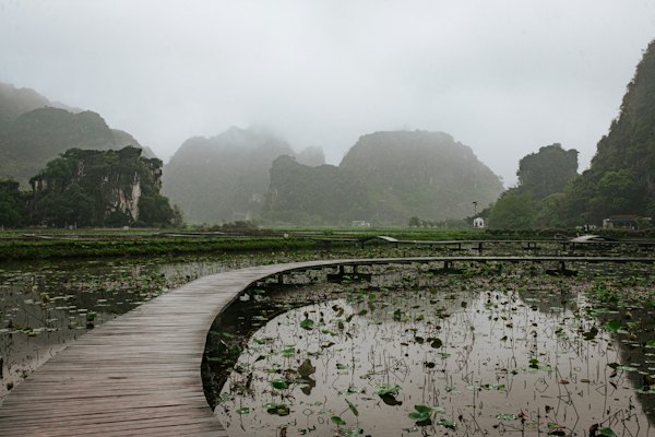 A wooden path leads across a misty landscape — Ninh Bình, Vietnam