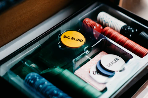 Poker chips and accessories inside a case.