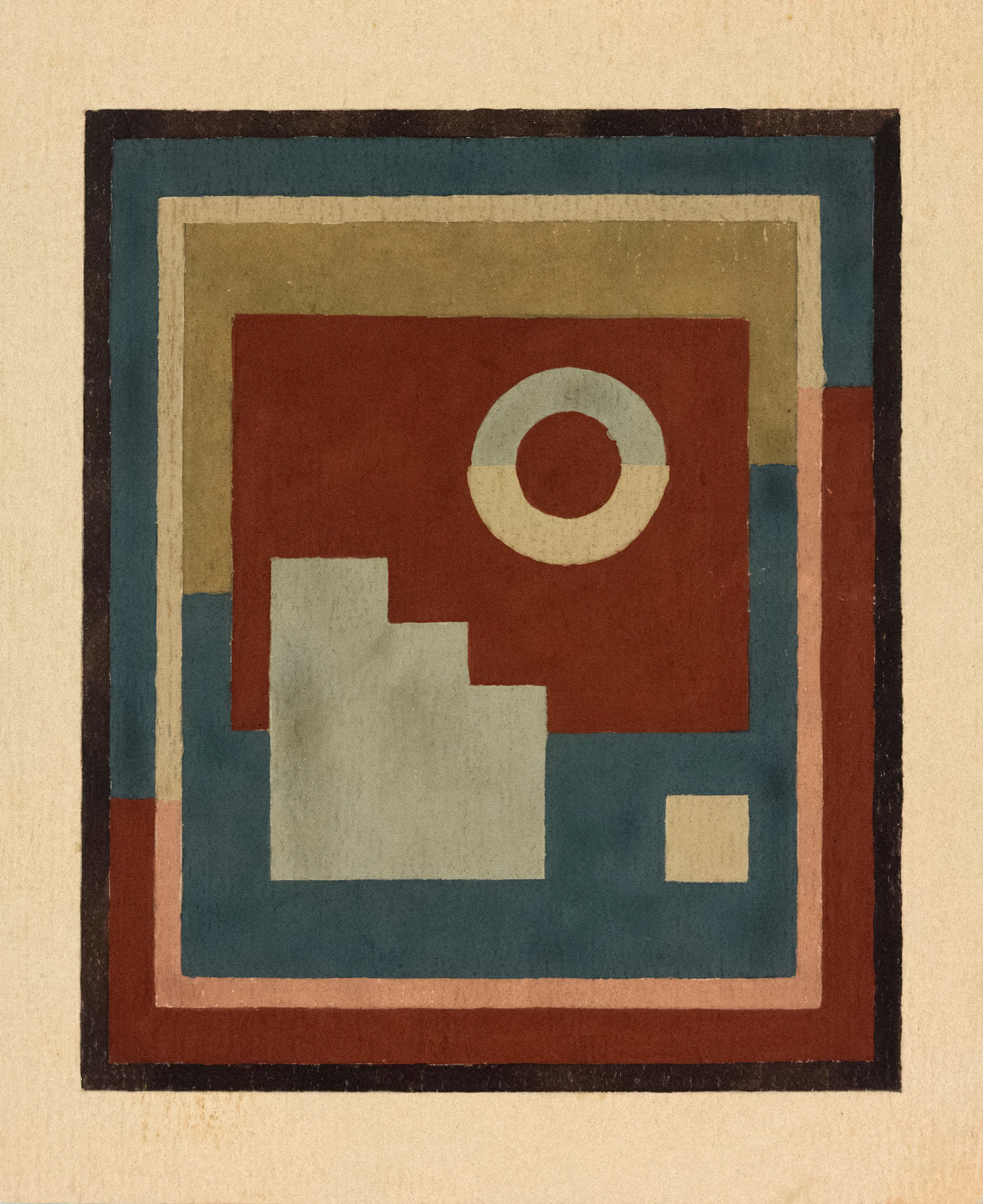 Abstract print of nested squares and a circle in rust, cream and blue