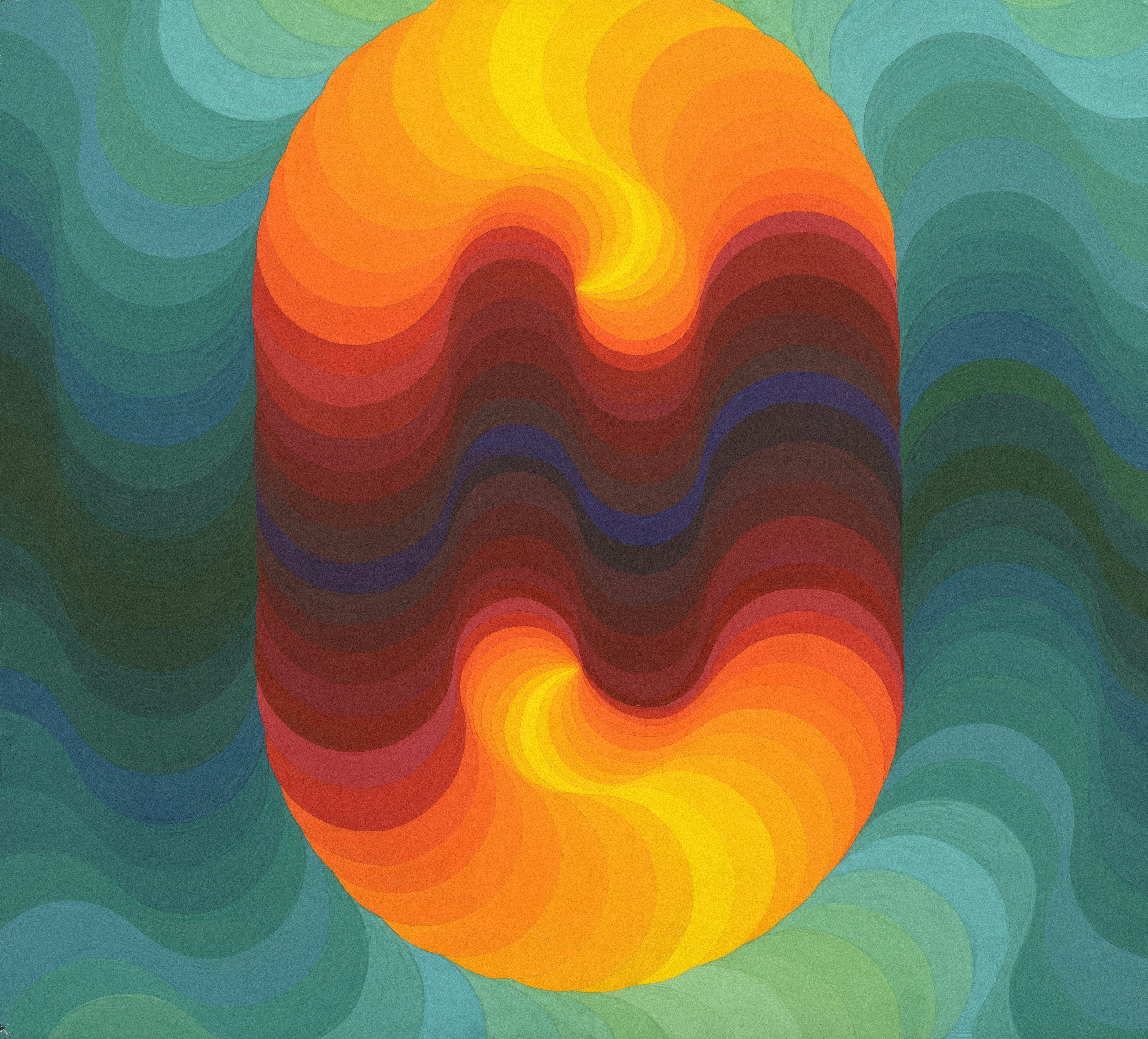 Abstrak berputar-putar oranye dan merah oval dengan latar belakang hijau