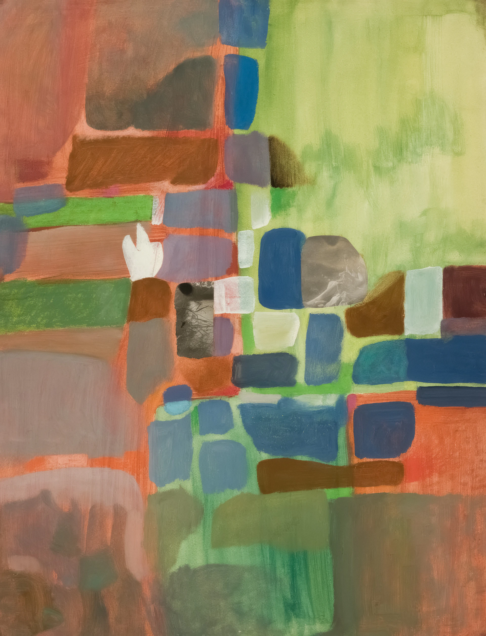 Abstract painting with colorful blocks and a white hand