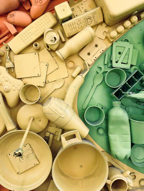 Arrangement of household objects with a color palette.