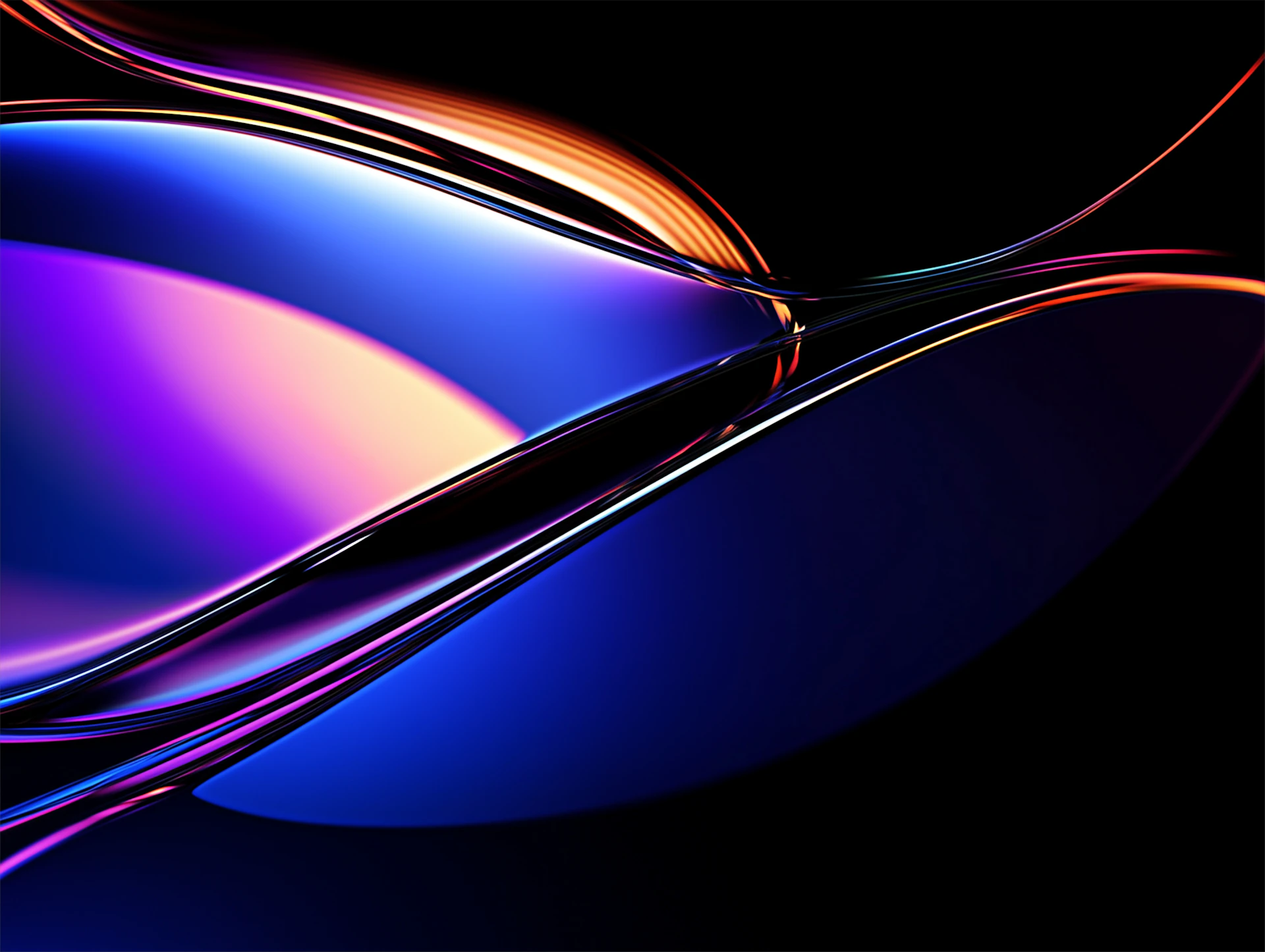 Abstract, colorful waves shine against a dark background.