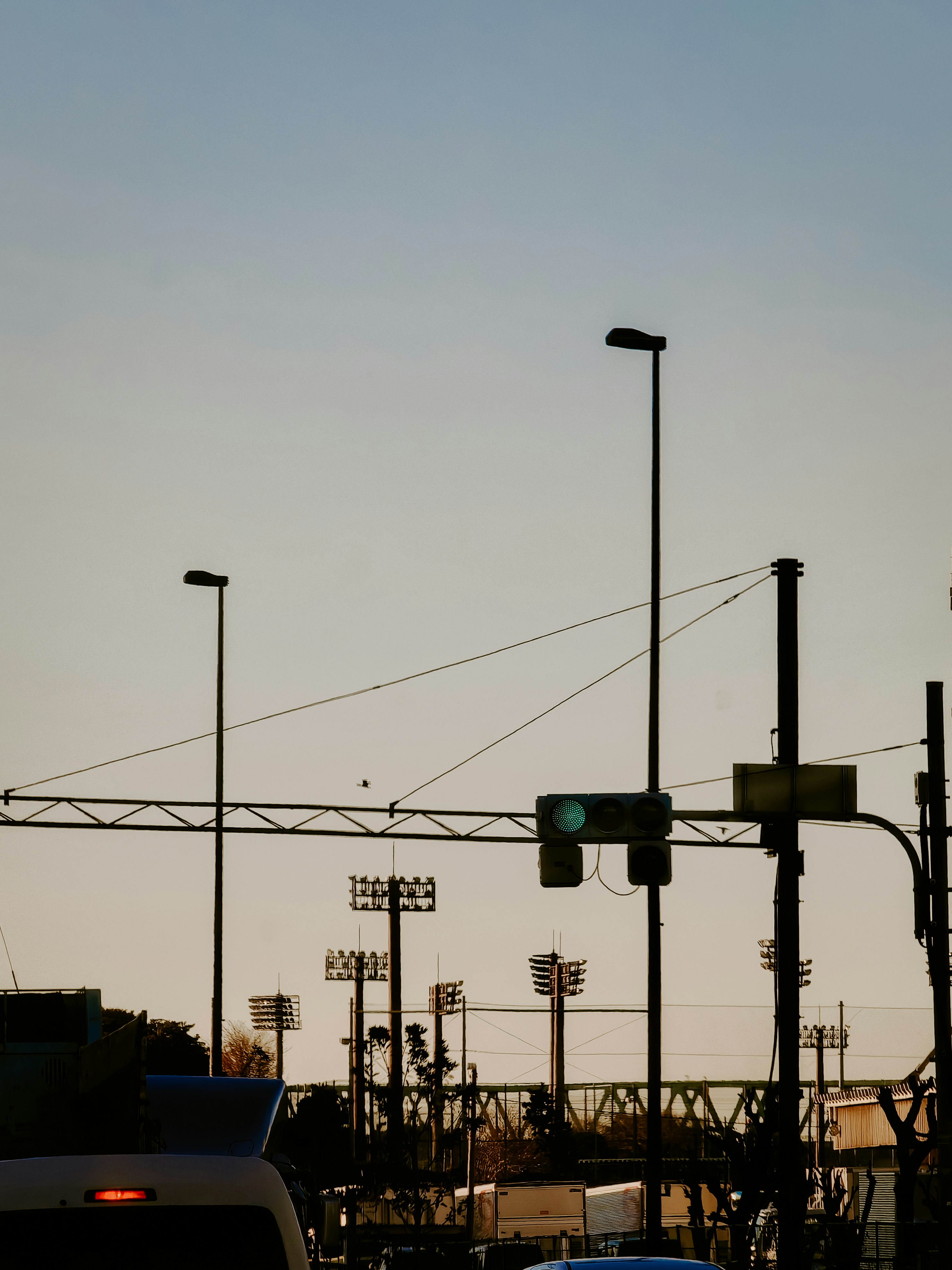 Traffic light is green against the sky.