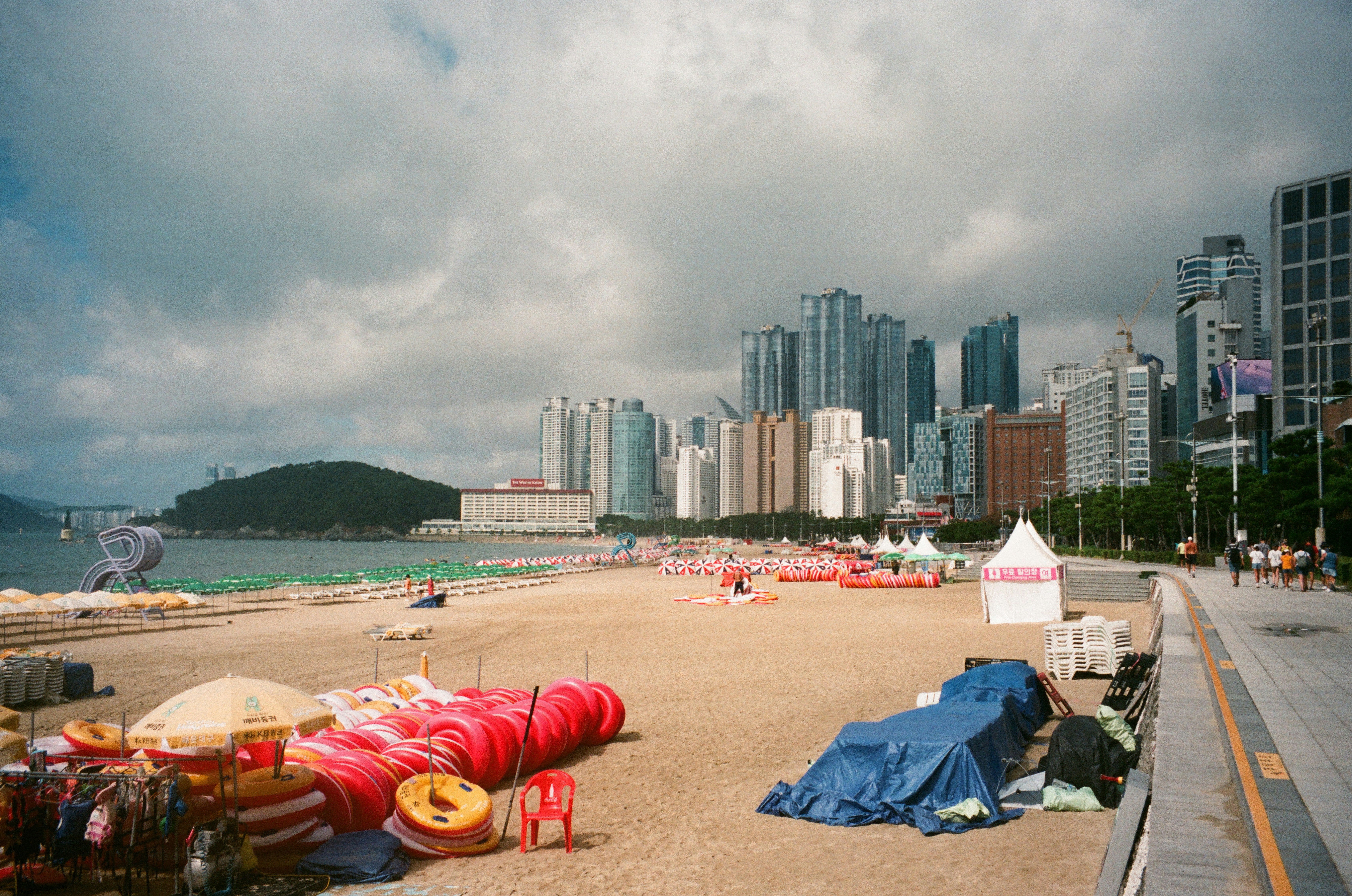 A beach scene with a city skyline in the background.