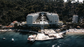 An aerial view shows a luxurious seaside hotel.