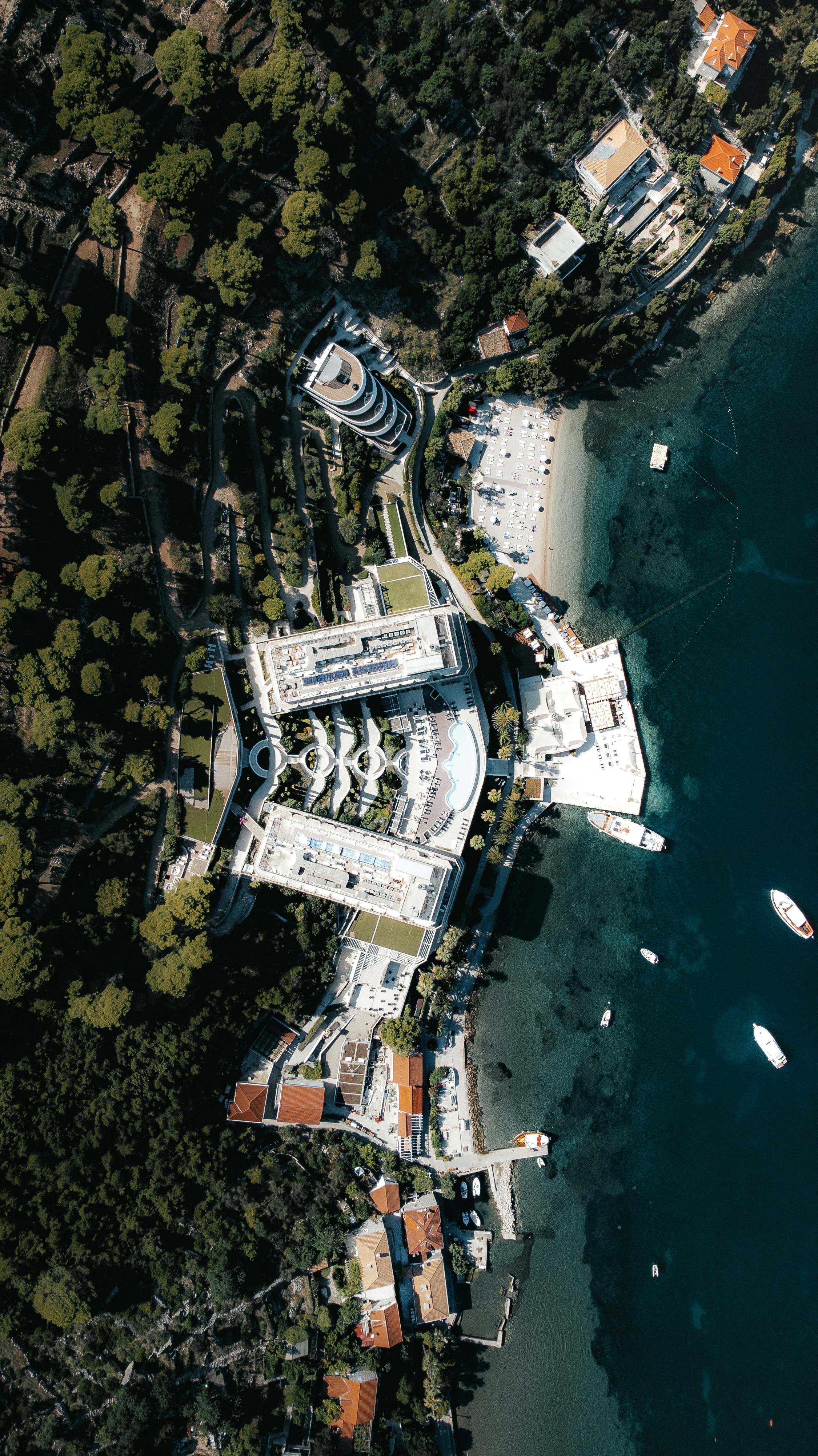 Aerial view of a resort on the coast.