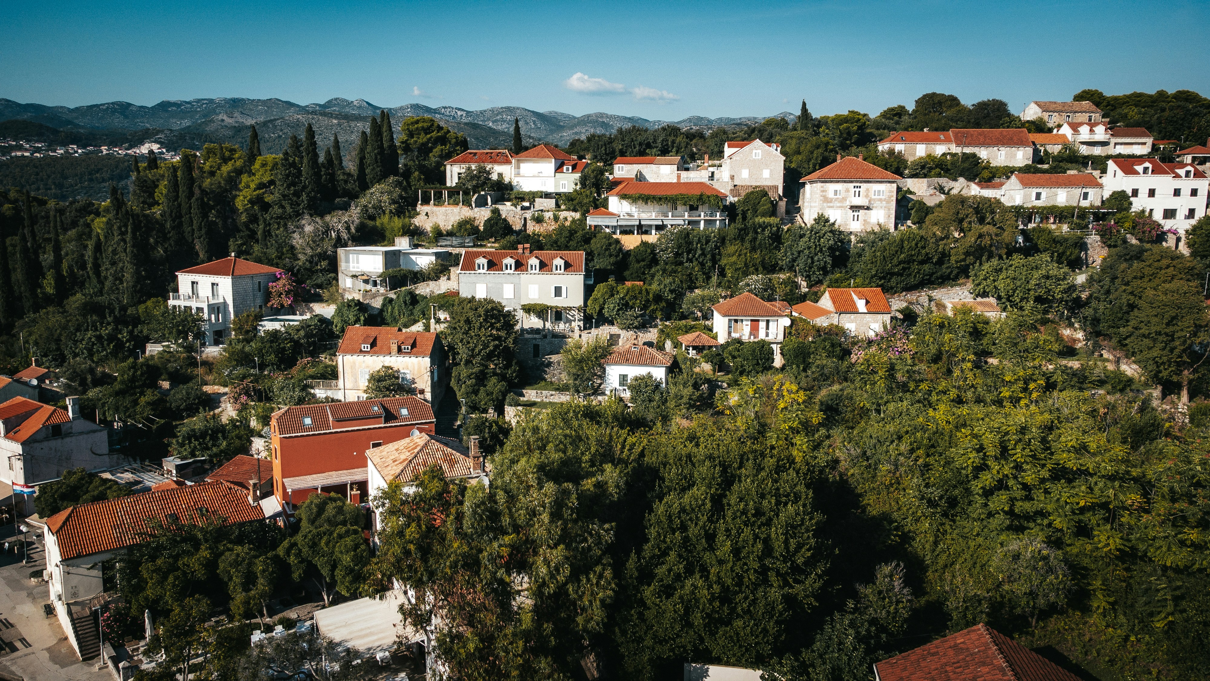 Homes nestle in a lush, hillside village.
