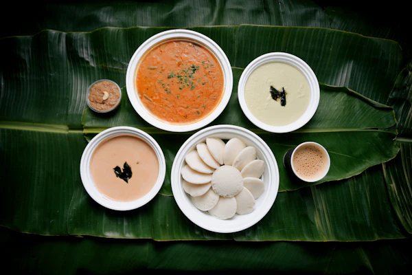 Idli served with chutney and sambar