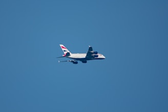 Airplane flies high in the clear blue sky.
