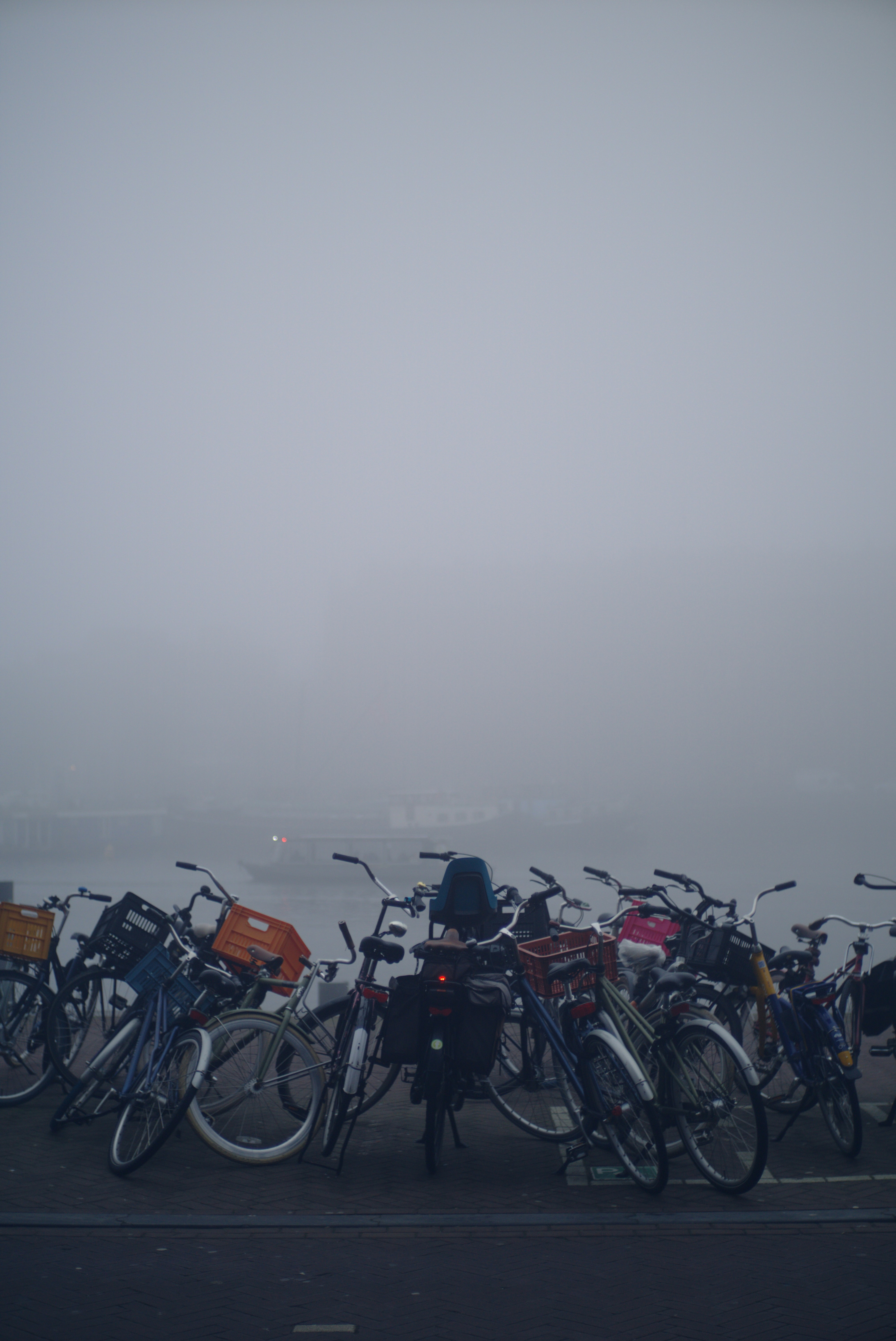 Bicycles sit beneath a hazy, foggy sky.