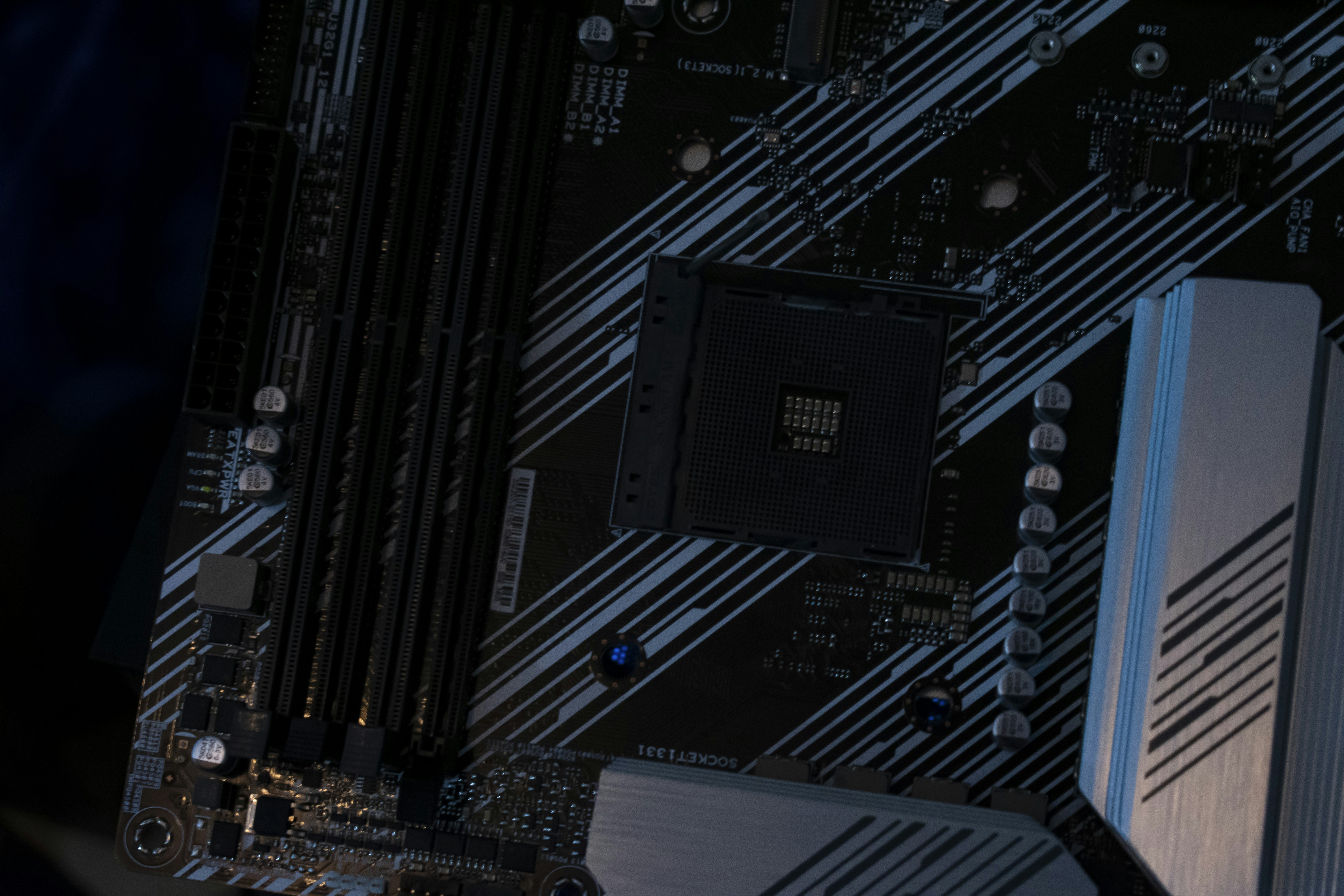 A close-up view of a computer motherboard