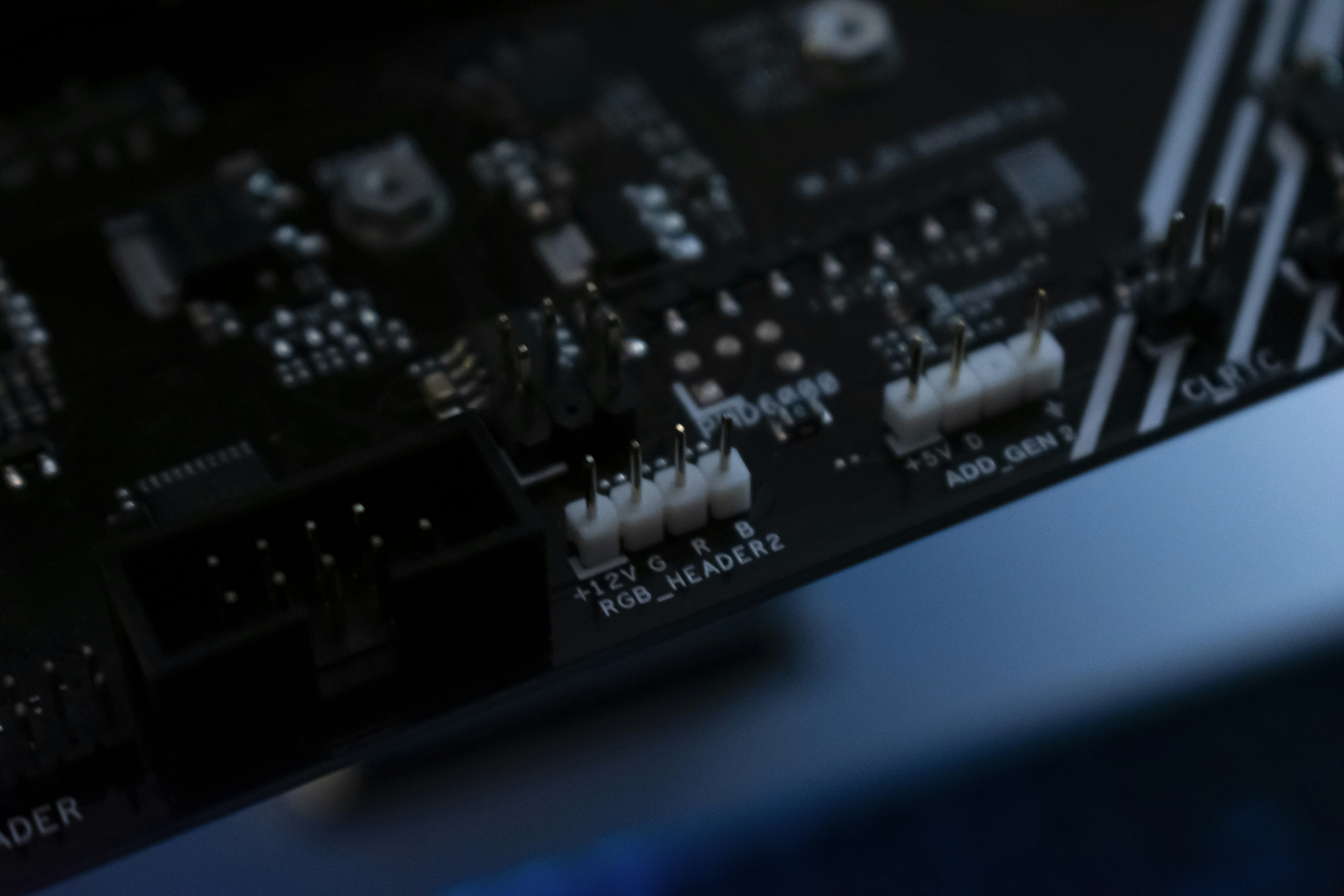 Close-up shot of a motherboard's connectors.