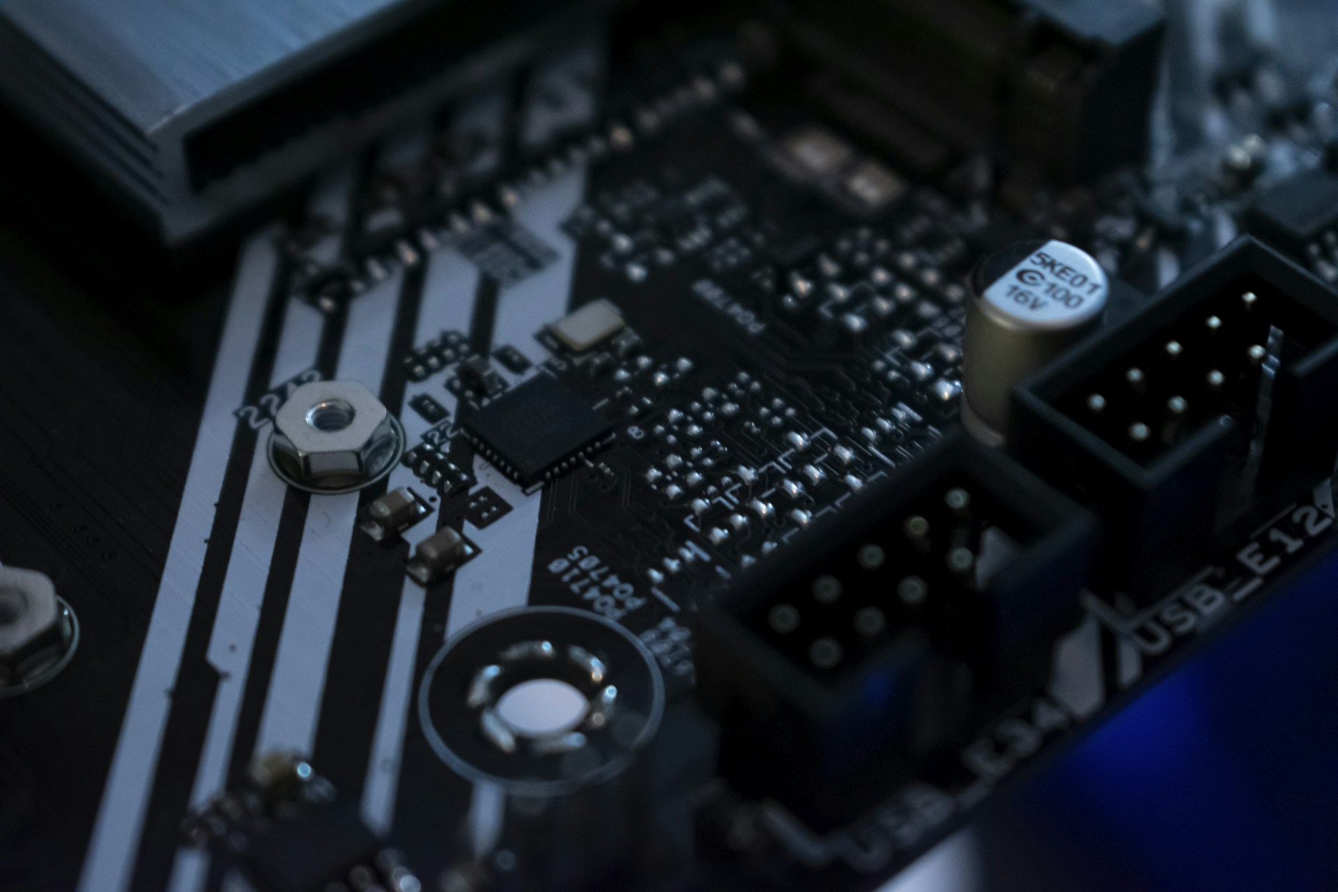 Close-up of a computer motherboard's components.