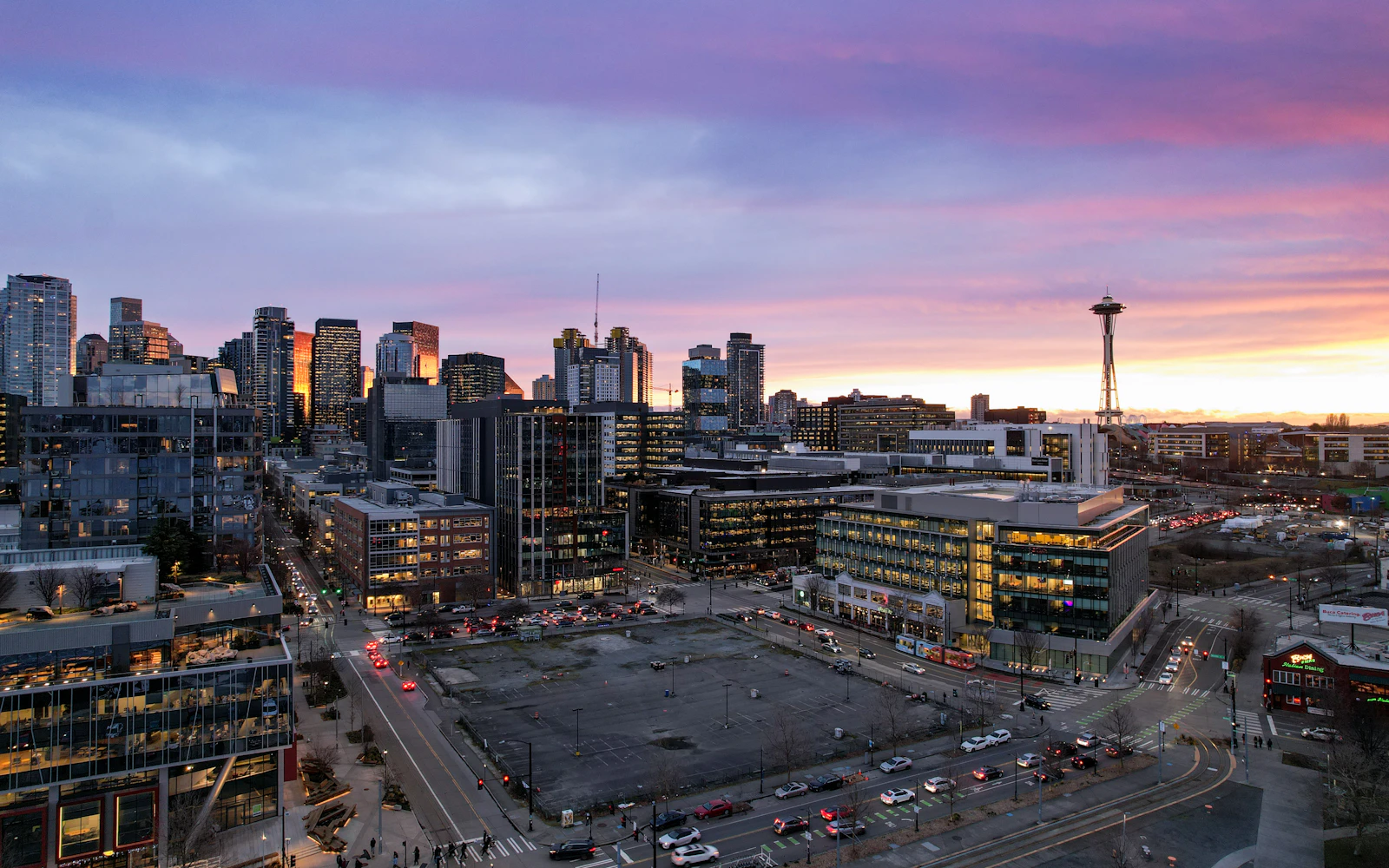 South Lake Union and downtown Seattle skyline at pink sunset