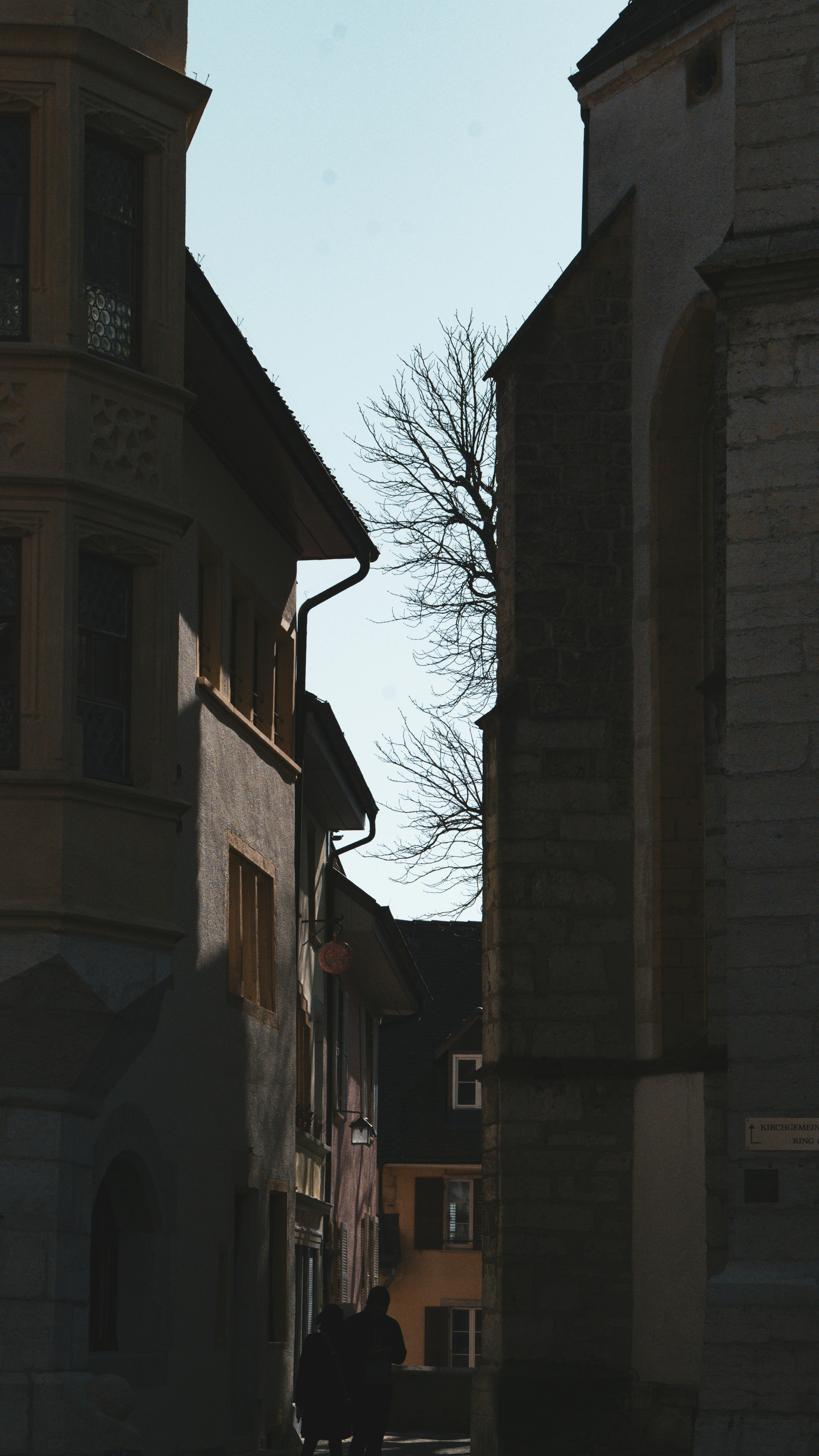 A narrow alley framed by buildings and a tree.