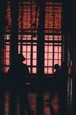 Silhouettes of people in a room with red light.