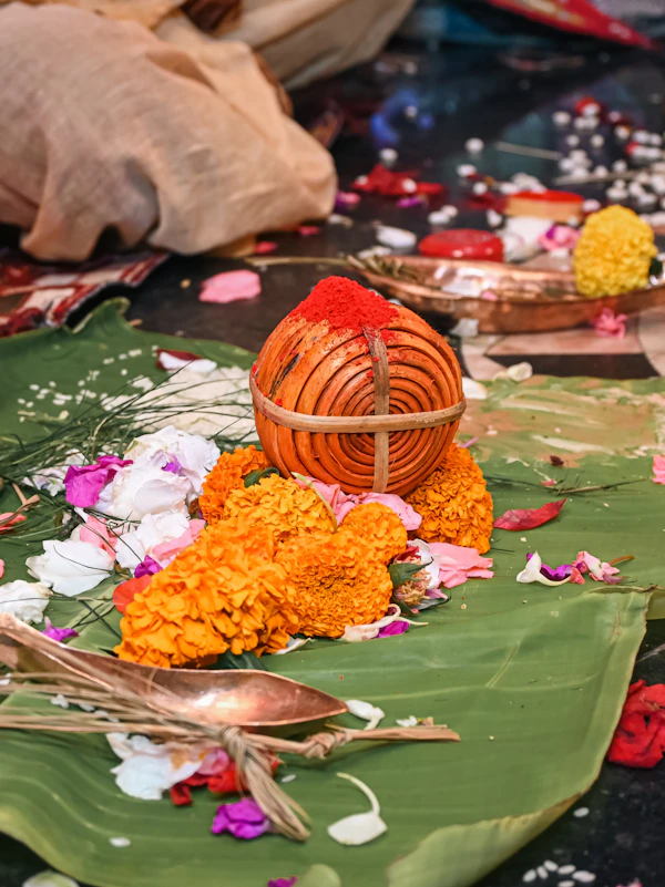 Flower and fruit offering pleated for a religious wedding ritual