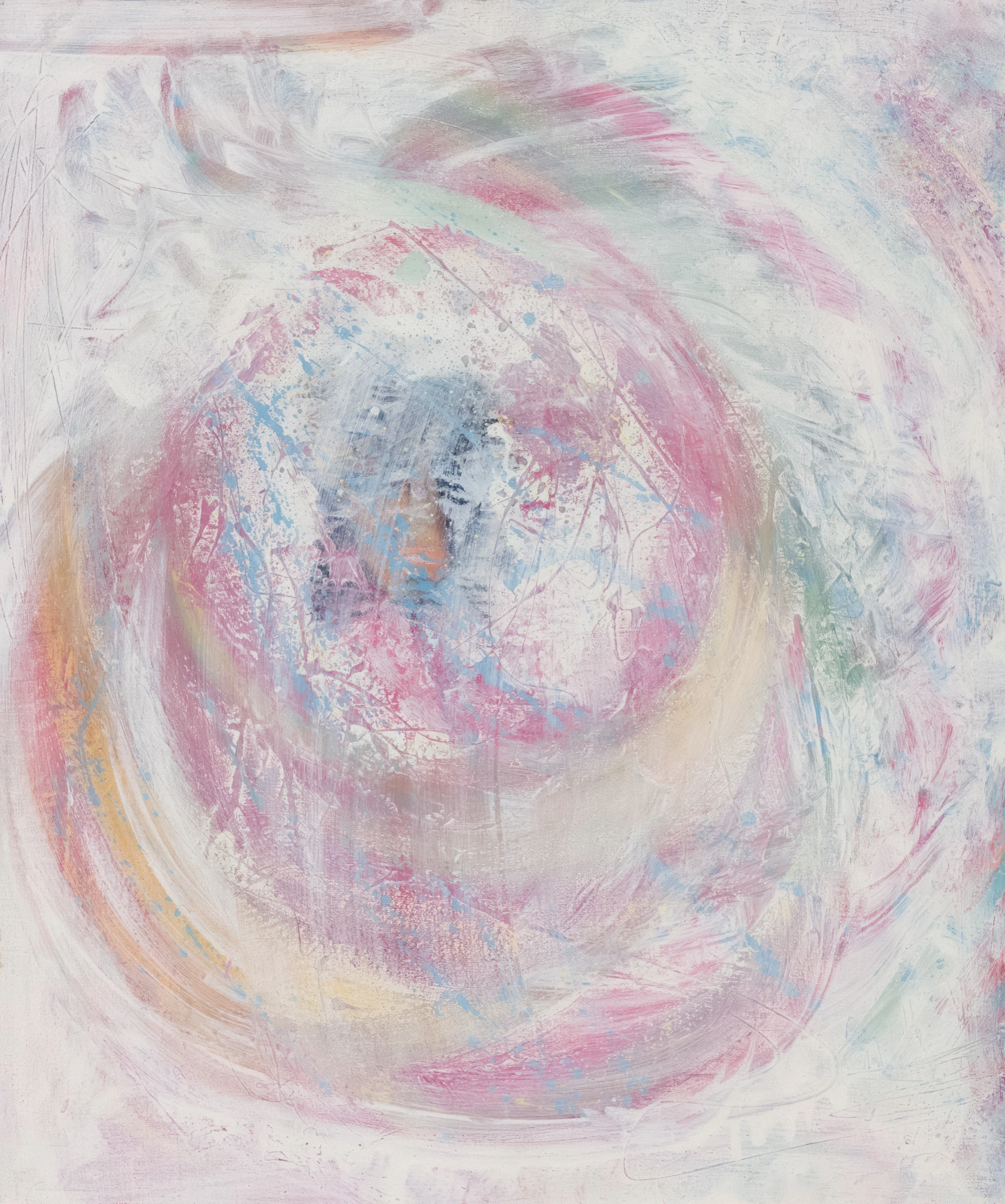 Abstract painting with pastel colors in a swirling pattern.