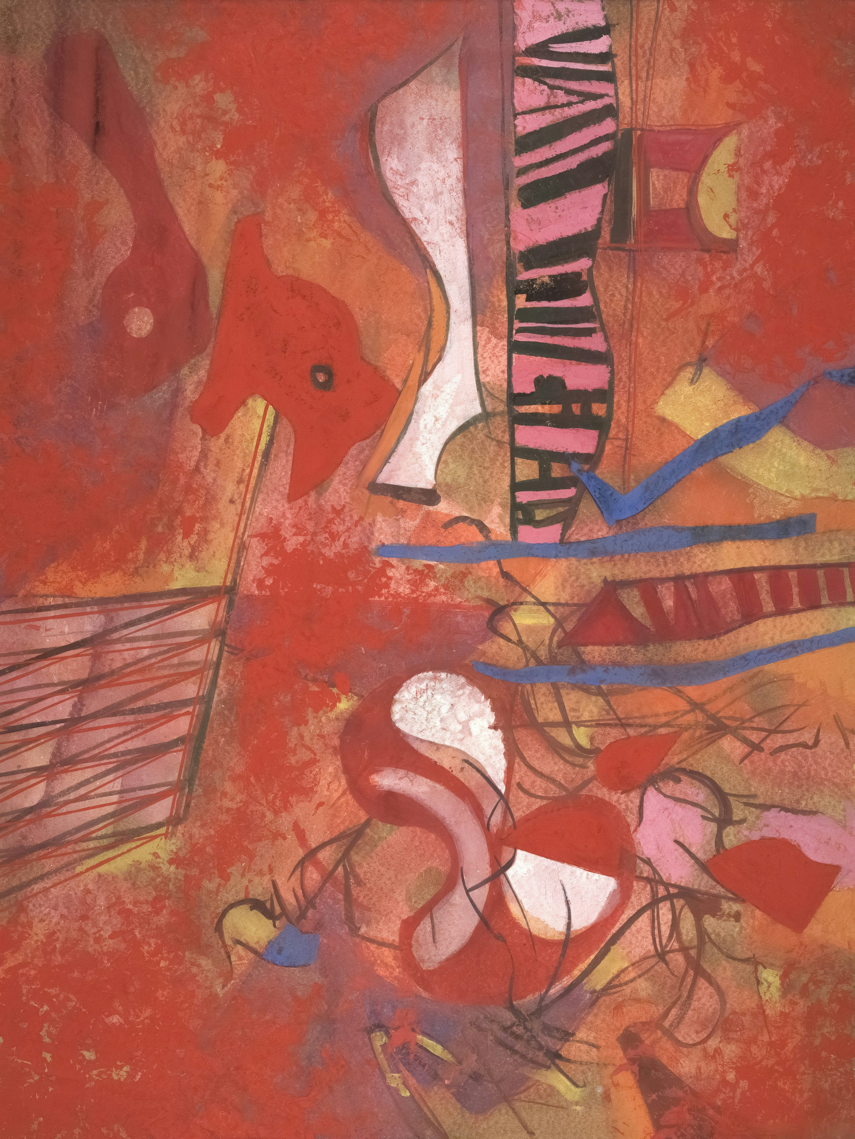 Abstract red painting with white and black stripes.