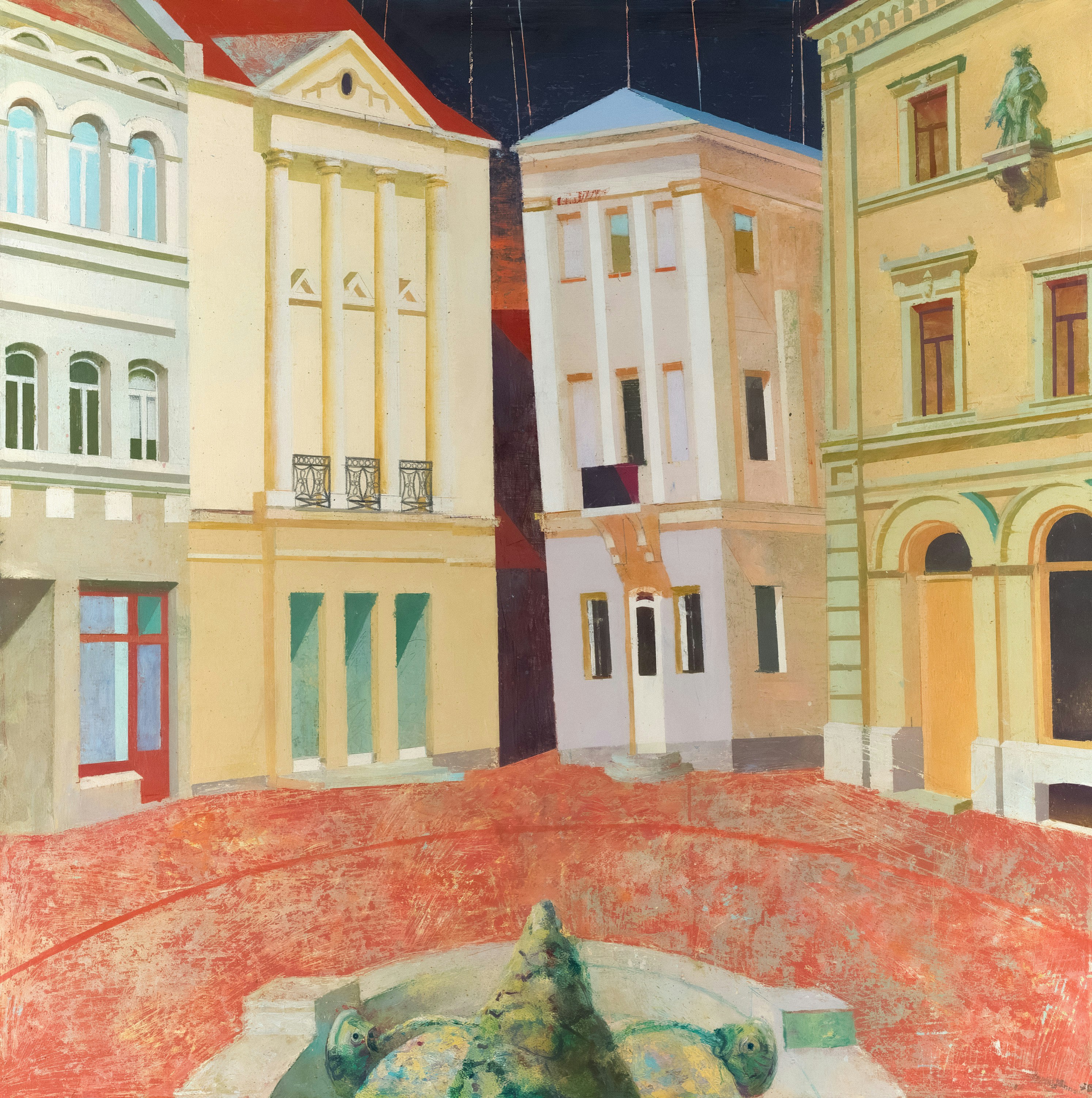 Buildings surround a fountain in a town square.